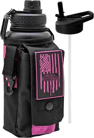 Iron Infidel Battle Bottle - 32 Oz Insulated Water Bottle with Straw Lid & Chug Cap, Stainless Steel Metal Flask Includes Rugged, Removable Sleeve for Keys, Wallet, & Phone (Black/Pink 1 Liter)