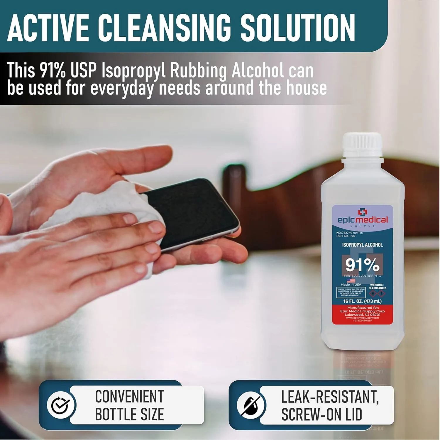 Isopropyl Alcohol 91%, 16 oz. Bottle, Multipurpose First Aid Antiseptic (2)