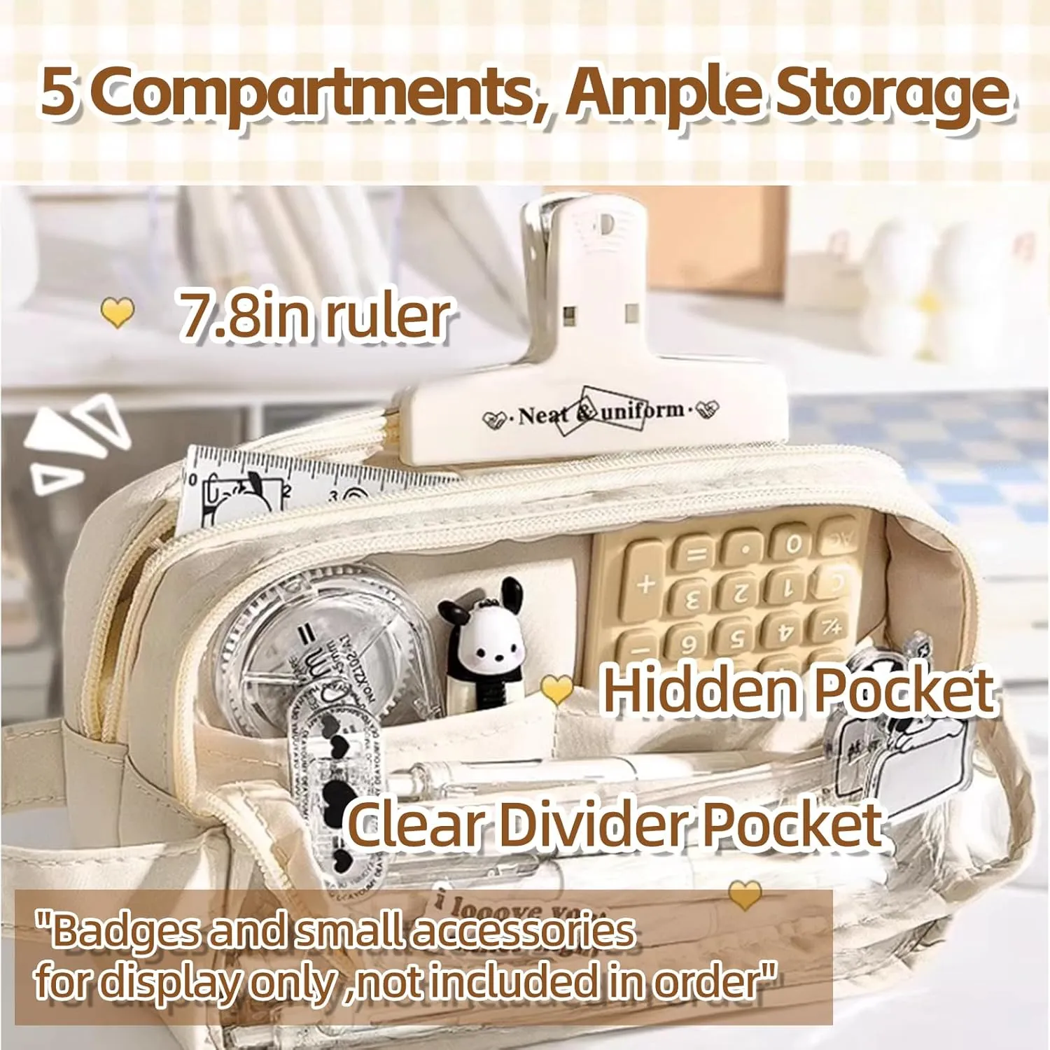 ITA Pencil Pouch, Large Capacity Office Pen Case with 5 Compartments & Clear Window & Handle, Portable Organizer Bag for Adults (Beige 4 Highlighters)