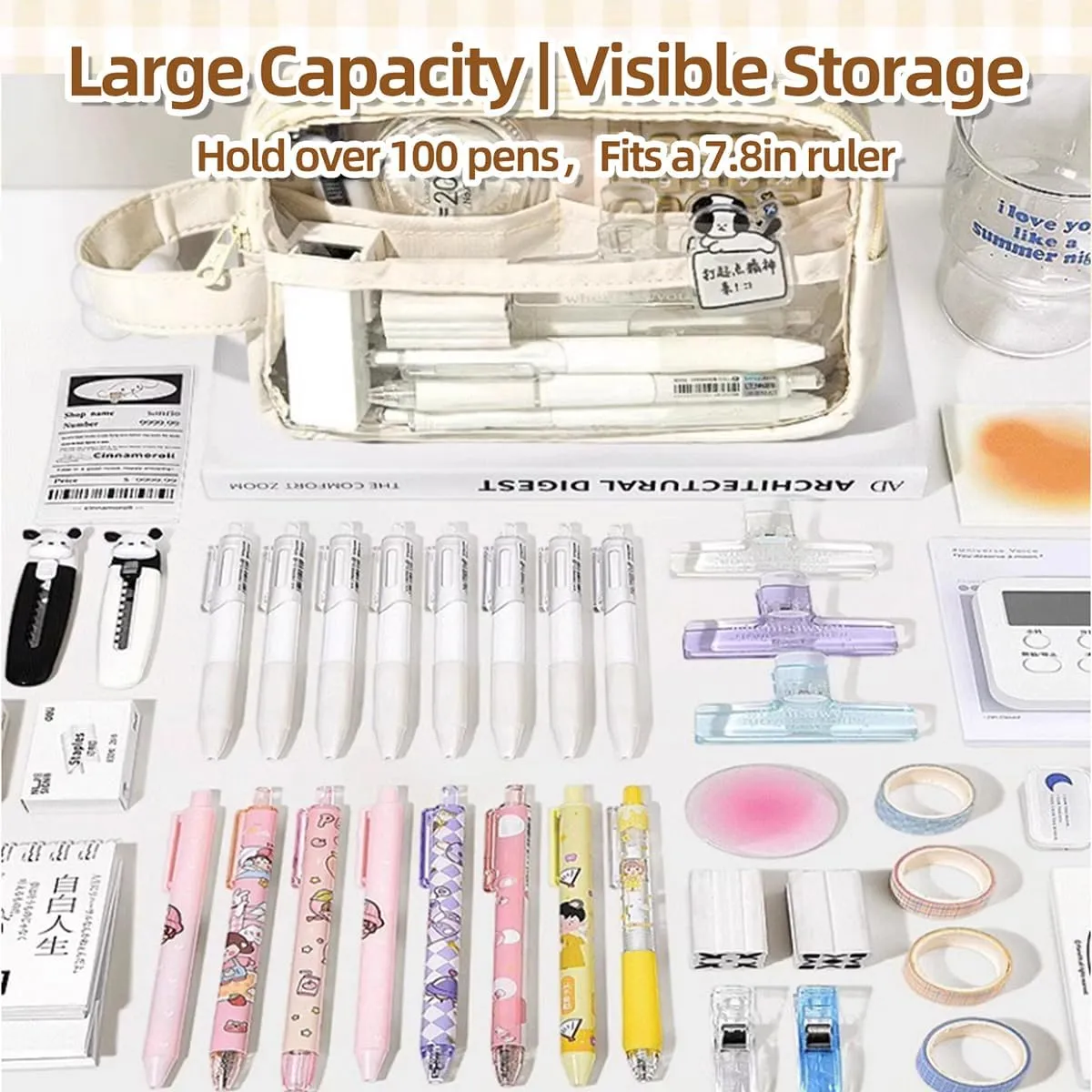 ITA Pencil Pouch, Large Capacity Office Pen Case with 5 Compartments & Clear Window & Handle, Portable Organizer Bag for Adults (Beige 4 Highlighters)