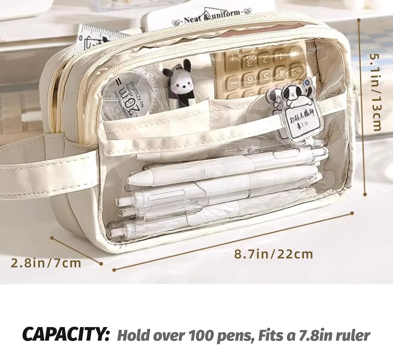 ITA Pencil Pouch, Large Capacity Office Pen Case with 5 Compartments & Clear Window & Handle, Portable Organizer Bag for Adults (Beige 4 Highlighters)