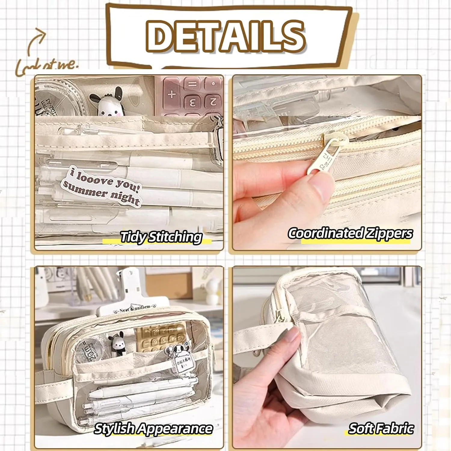 ITA Pencil Pouch, Large Capacity Office Pen Case with 5 Compartments & Clear Window & Handle, Portable Organizer Bag for Adults (Beige 4 Highlighters)