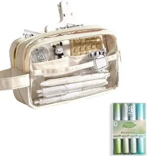 ITA Pencil Pouch, Large Capacity Office Pen Case with 5 Compartments & Clear Window & Handle, Portable Organizer Bag for Adults (Beige 4 Highlighters)