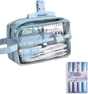ITA Pencil Pouch, Large Capacity Office Pen Case with 5 Compartments & Clear Window & Handle, Portable Organizer Bag for Adults (Blue 4 Highlighters)