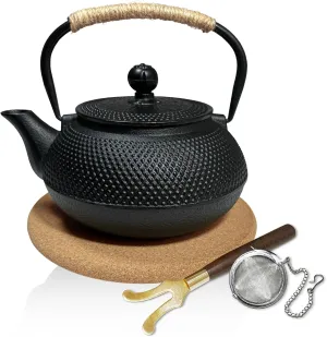 Japanese Cast Iron Teapot,Cast Iron Tea Kettle Stovetop Safe, Tea Kettle with Stainless Steel Infuser,For Wood/Campfire/Gas Stove Top(22 oz/650 ml,Black)