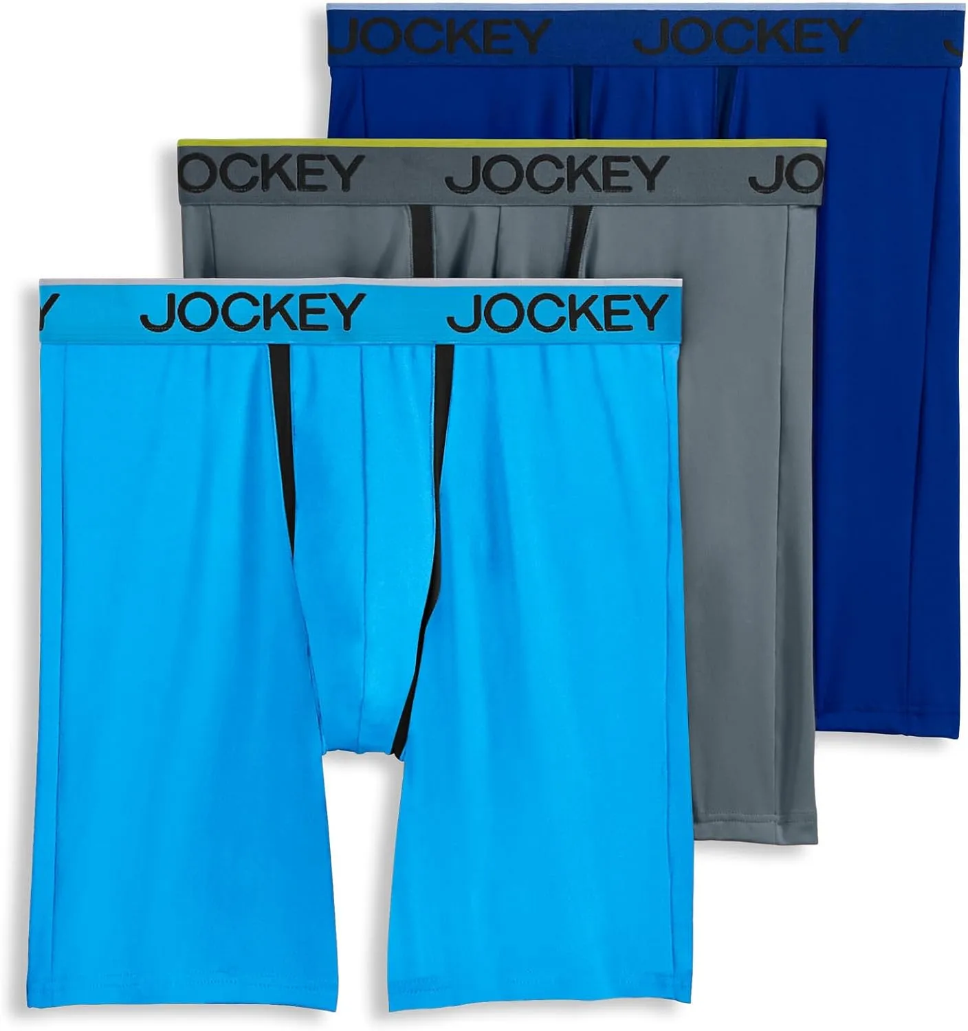 Jockey Men's Underwear Chafe Proof Pouch Microfiber 8.5" Long Leg Boxer Brief - 3 Pack, Bright Aqua/Iron Grey/Blue Jay Out, L