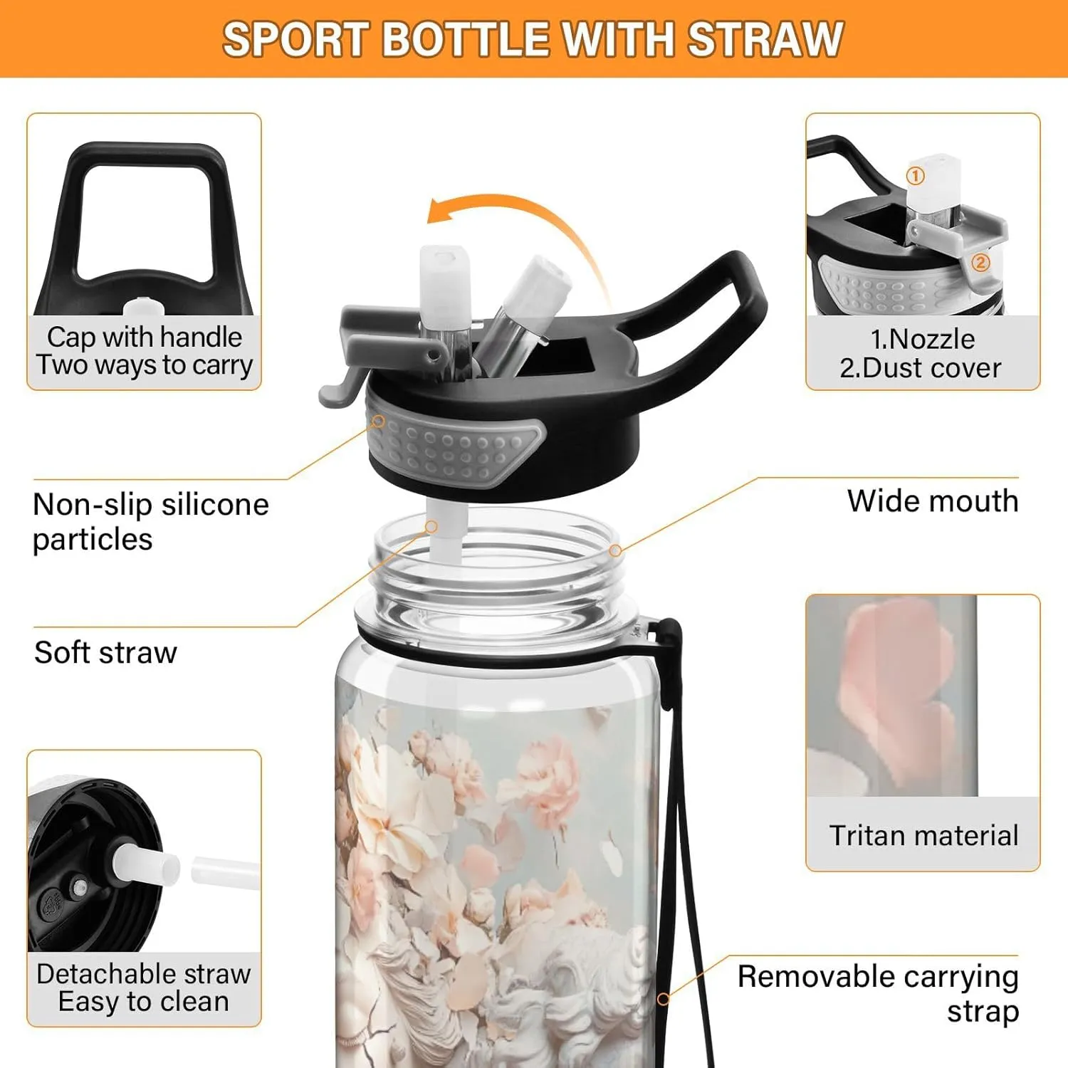 Joisal Flower Sculpture 32 Oz Reusable Water Bottle with Straw BPA-Free Wide Mouth Water Bottles for Sports, Cycling, Bike