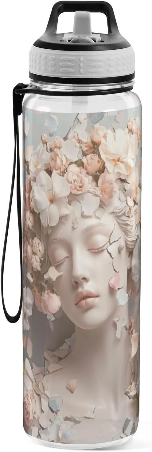 Joisal Flower Sculpture 32 Oz Reusable Water Bottle with Straw BPA-Free Wide Mouth Water Bottles for Sports, Cycling, Bike