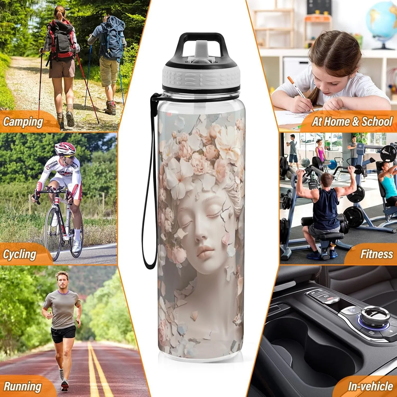 Joisal Flower Sculpture 32 Oz Reusable Water Bottle with Straw BPA-Free Wide Mouth Water Bottles for Sports, Cycling, Bike