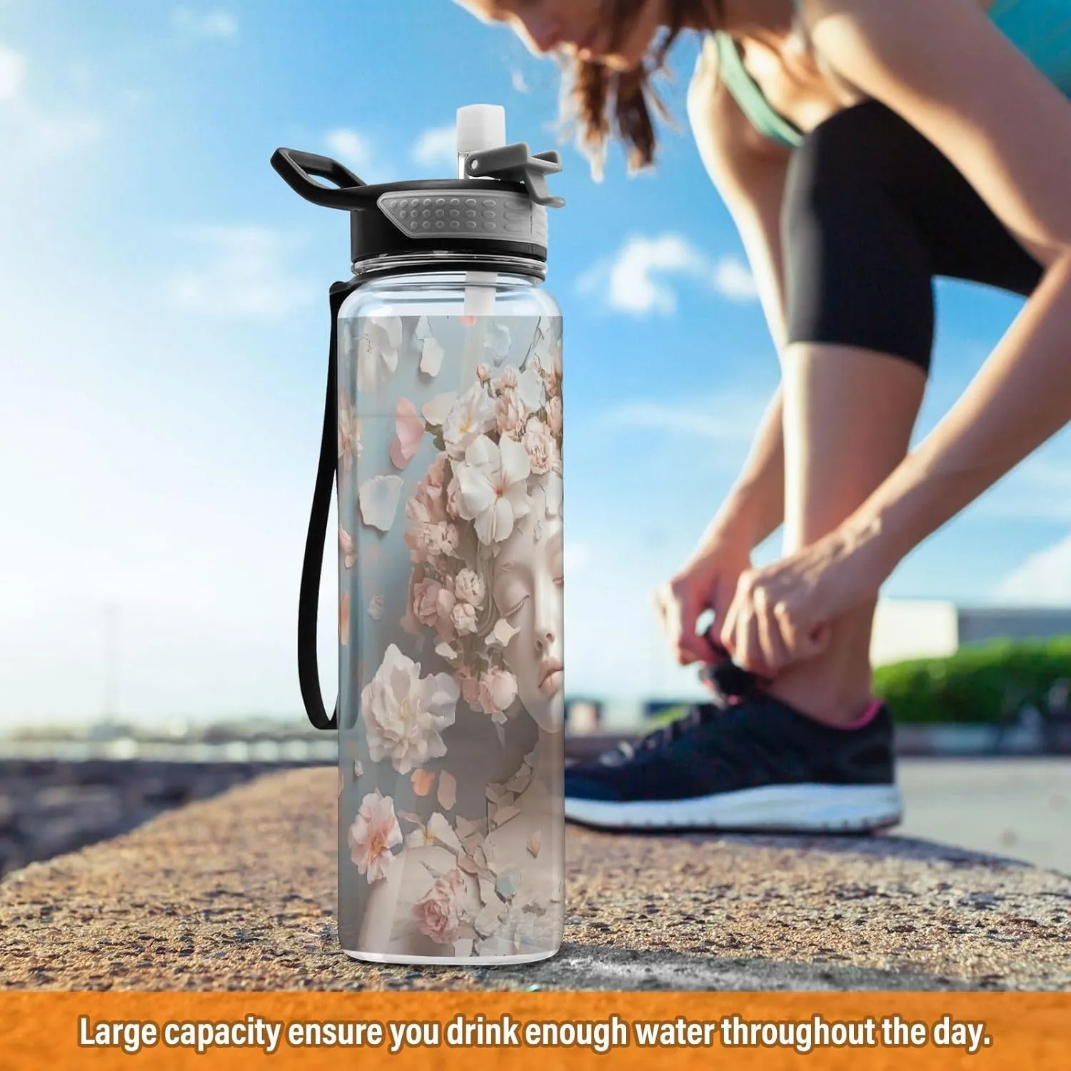 Joisal Flower Sculpture 32 Oz Reusable Water Bottle with Straw BPA-Free Wide Mouth Water Bottles for Sports, Cycling, Bike