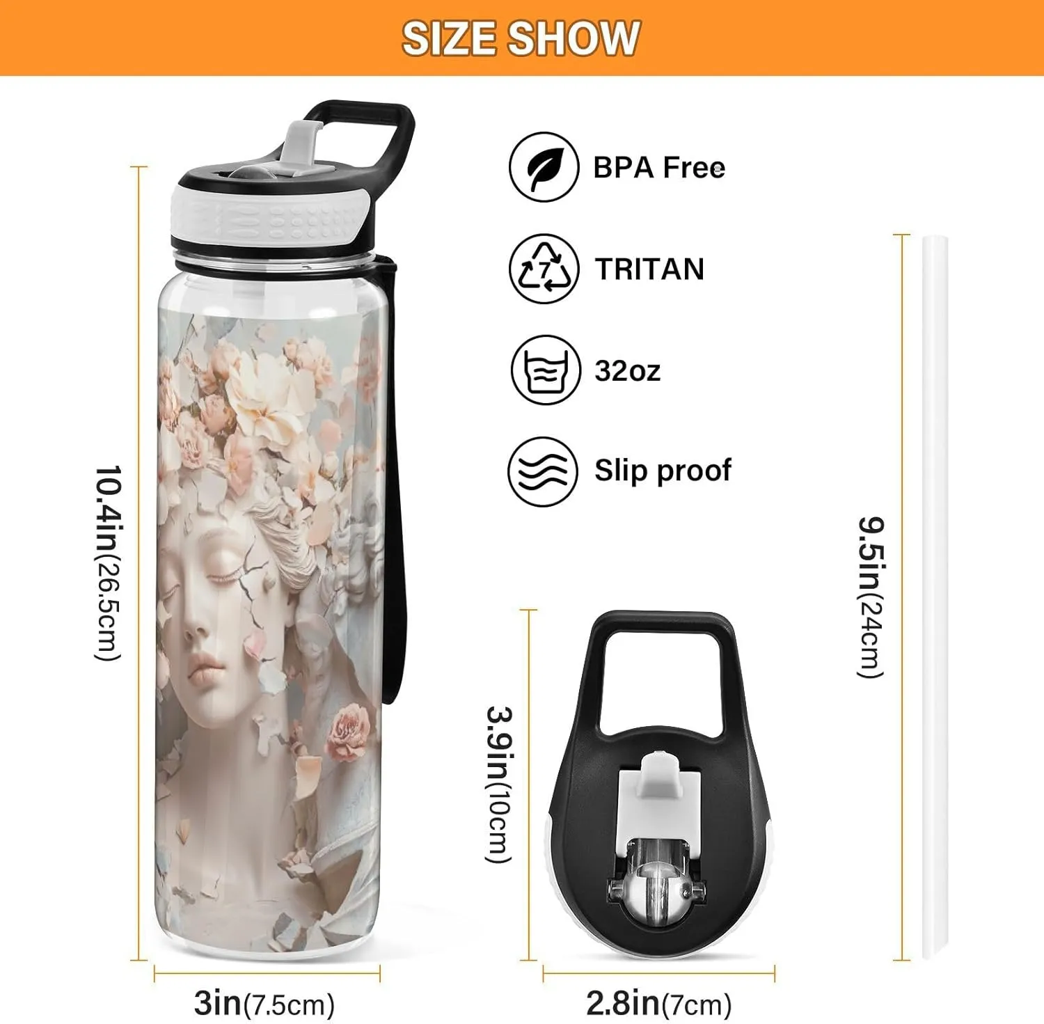 Joisal Flower Sculpture 32 Oz Reusable Water Bottle with Straw BPA-Free Wide Mouth Water Bottles for Sports, Cycling, Bike