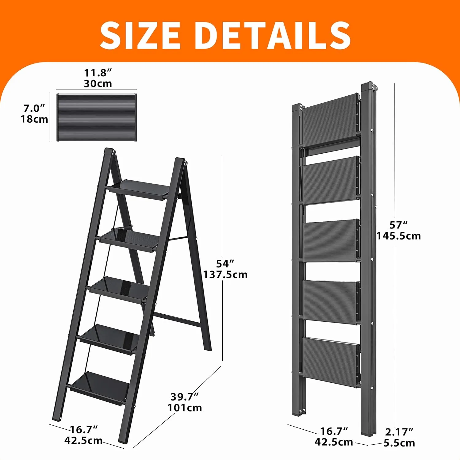 JOISCOPE 5 Step Aluminum Ladder,Lightweight Folding Step Stools for Adults with Wide Anti-Slip Pedal,550 lbs Capacity Portable Sturdy Ladder,Multi Use Ladder for Home Kitchen Office,Space Saving,Black