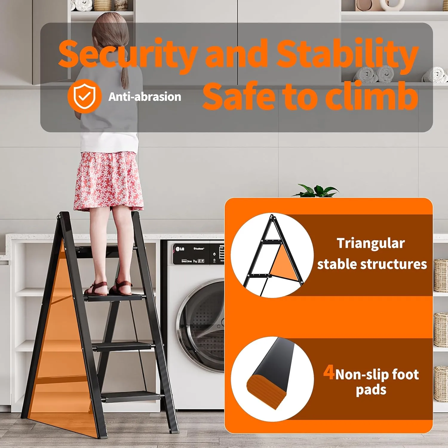 JOISCOPE 5 Step Aluminum Ladder,Lightweight Folding Step Stools for Adults with Wide Anti-Slip Pedal,550 lbs Capacity Portable Sturdy Ladder,Multi Use Ladder for Home Kitchen Office,Space Saving,Black