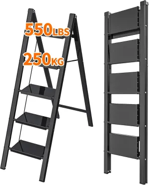 JOISCOPE 5 Step Aluminum Ladder,Lightweight Folding Step Stools for Adults with Wide Anti-Slip Pedal,550 lbs Capacity Portable Sturdy Ladder,Multi Use Ladder for Home Kitchen Office,Space Saving,Black