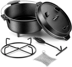 Joyfair Pre-seasoned Cast Iron Dutch Oven Set, Camp Dutch Pot & Griddle Skillet, 5QT Pot & 2QT Lid, Lid Lifter/Iron Stand/Cleaner, For Stewing, Baking, Sourdough Bread
