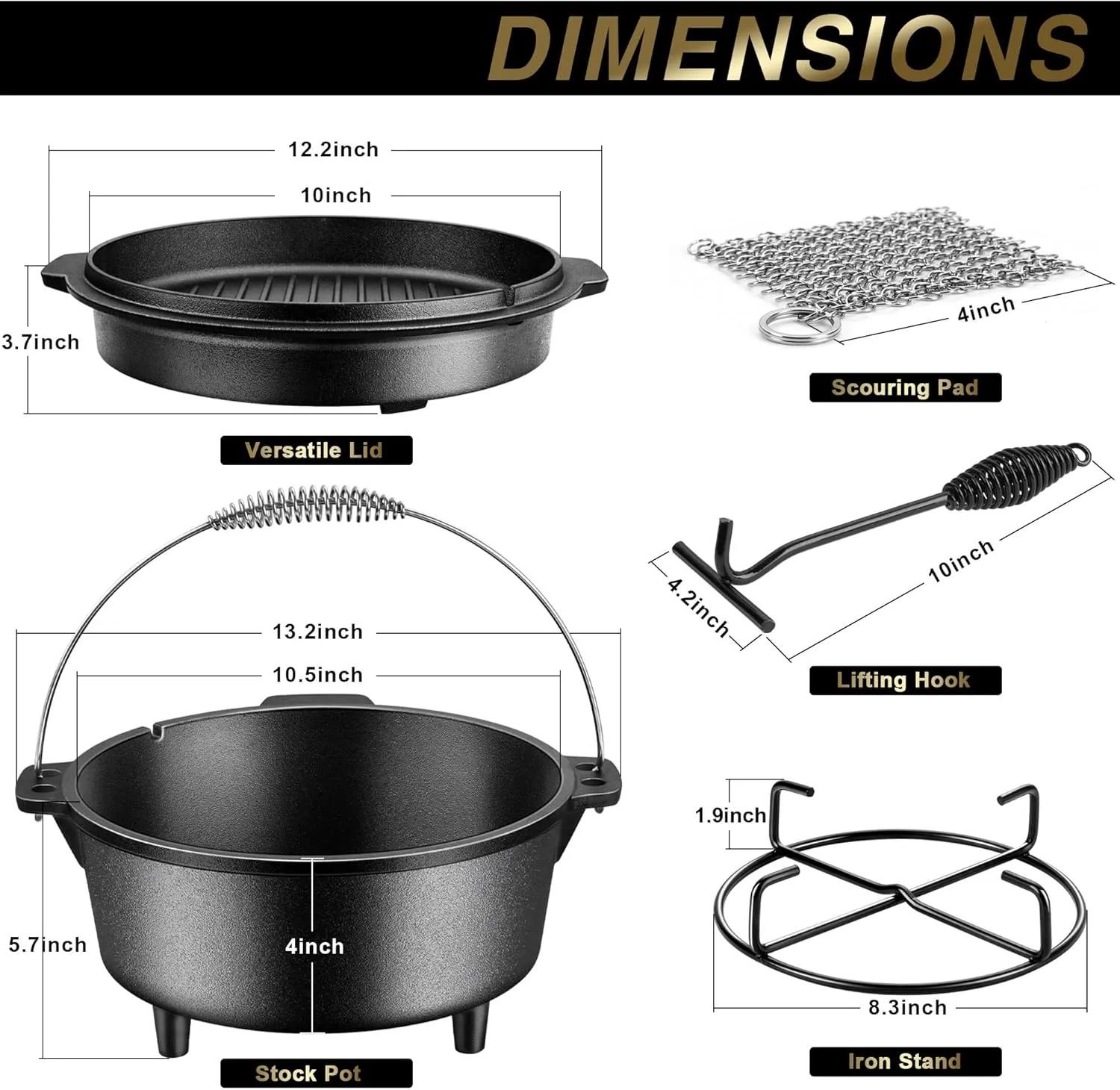 Joyfair Pre-seasoned Cast Iron Dutch Oven Set, Camp Dutch Pot & Griddle Skillet, 5QT Pot & 2QT Lid, Lid Lifter/Iron Stand/Cleaner, For Stewing, Baking, Sourdough Bread