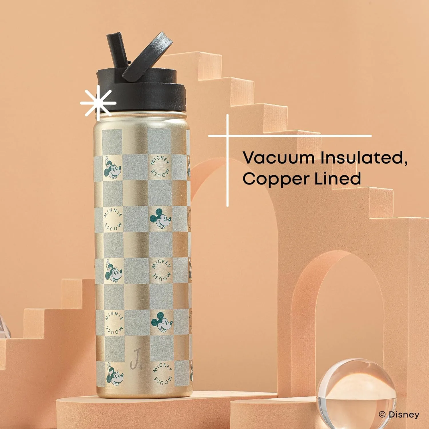 JoyJolt Disney Retro Vintage Stainless Steel Water Bottle ft Mickey & Minnie Mouse, Reusable 22oz Vacuum Insulated Water Bottle Tumbler with Leak Proof Flip Straw Lid and Handle, Lead & BPA Free