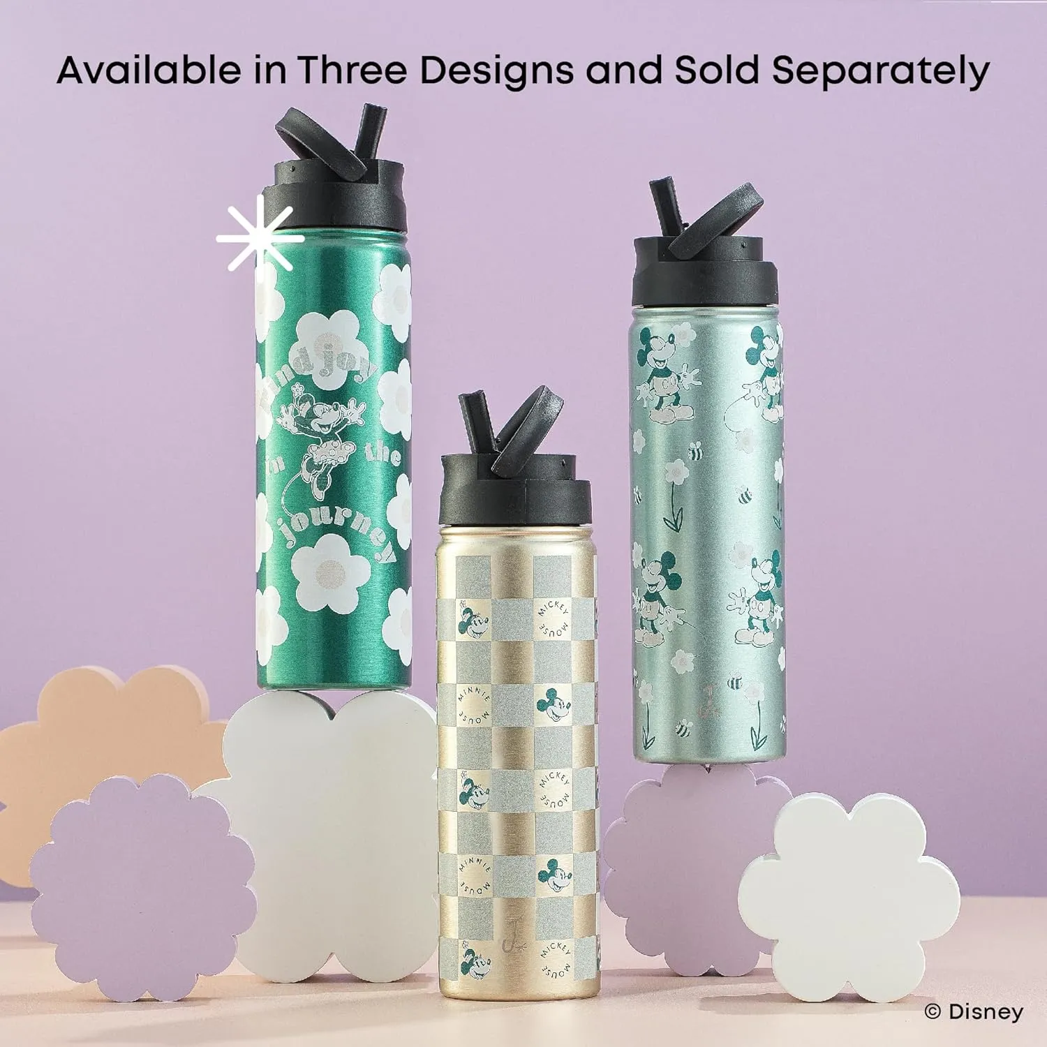 JoyJolt Disney Retro Vintage Stainless Steel Water Bottle ft Mickey & Minnie Mouse, Reusable 22oz Vacuum Insulated Water Bottle Tumbler with Leak Proof Flip Straw Lid and Handle, Lead & BPA Free