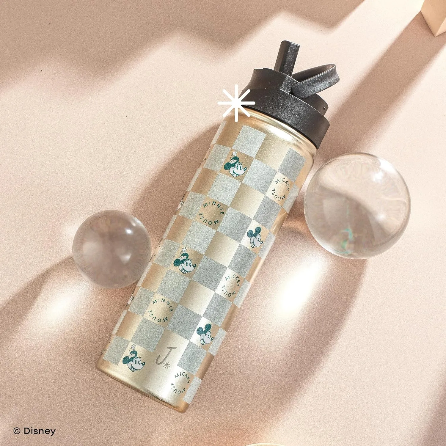 JoyJolt Disney Retro Vintage Stainless Steel Water Bottle ft Mickey & Minnie Mouse, Reusable 22oz Vacuum Insulated Water Bottle Tumbler with Leak Proof Flip Straw Lid and Handle, Lead & BPA Free