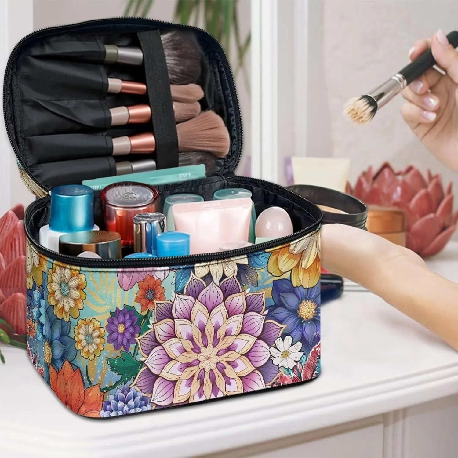 JoyLamoria Boho Floral Cosmetic Bag Toiletry Bag Desk Cosmetics Pouch Storage Home Decor