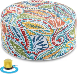Juexica 1 Pack Outdoor/Indoor Inflatable Ottoman 21 x 9 Inch Paisley All Weather Round Footrest Stool with Handle Water Repellent Portable Footstool Pouf for Patio Garden Camping Home Deck Travel