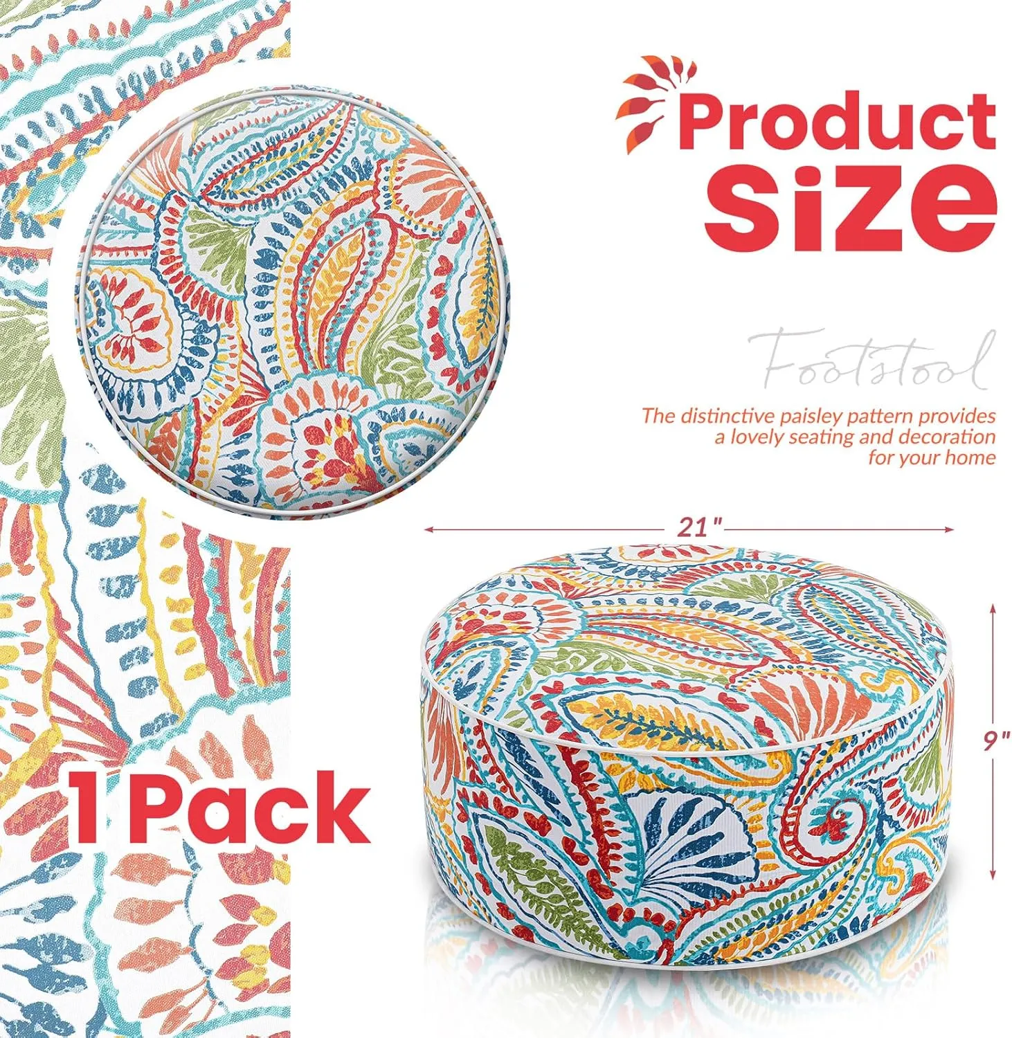 Juexica 1 Pack Outdoor/Indoor Inflatable Ottoman 21 x 9 Inch Paisley All Weather Round Footrest Stool with Handle Water Repellent Portable Footstool Pouf for Patio Garden Camping Home Deck Travel