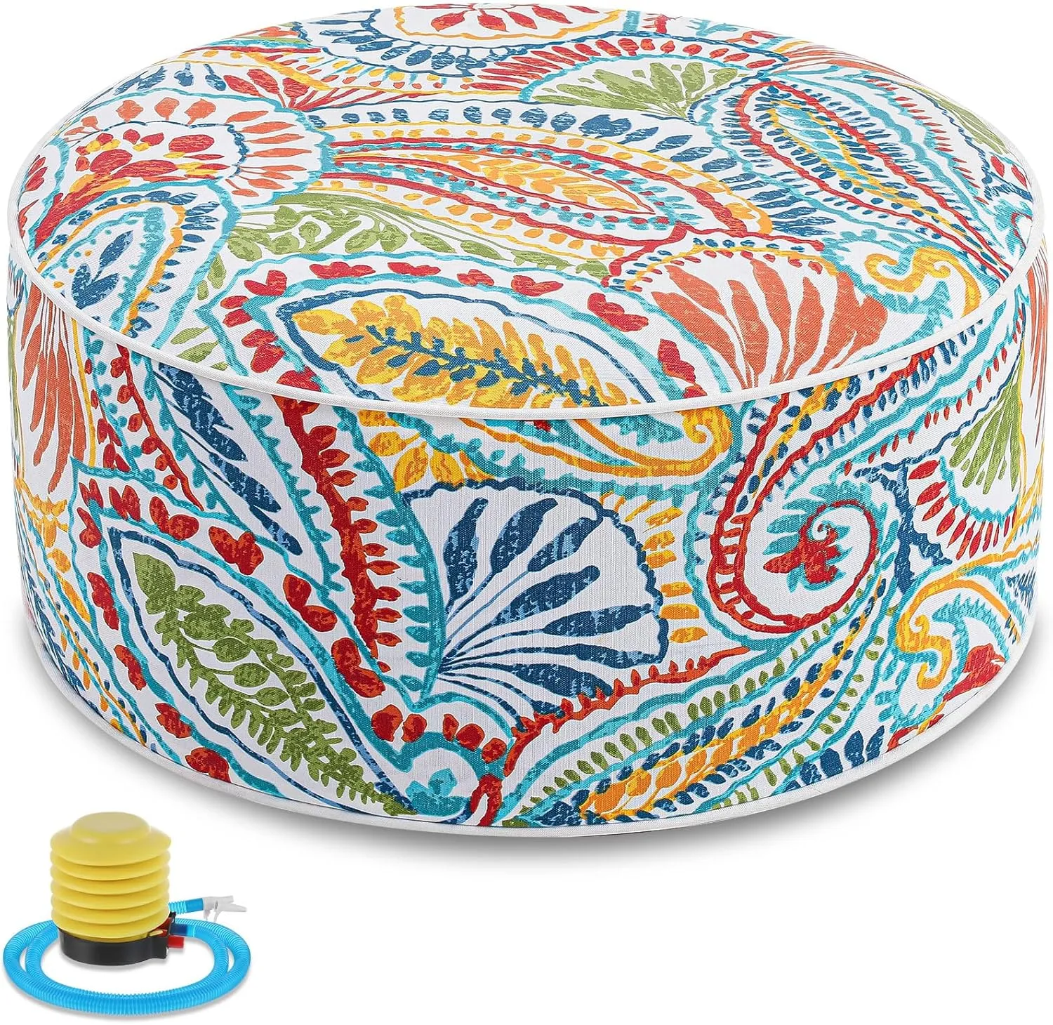 Juexica 1 Pack Outdoor/Indoor Inflatable Ottoman 21 x 9 Inch Paisley All Weather Round Footrest Stool with Handle Water Repellent Portable Footstool Pouf for Patio Garden Camping Home Deck Travel