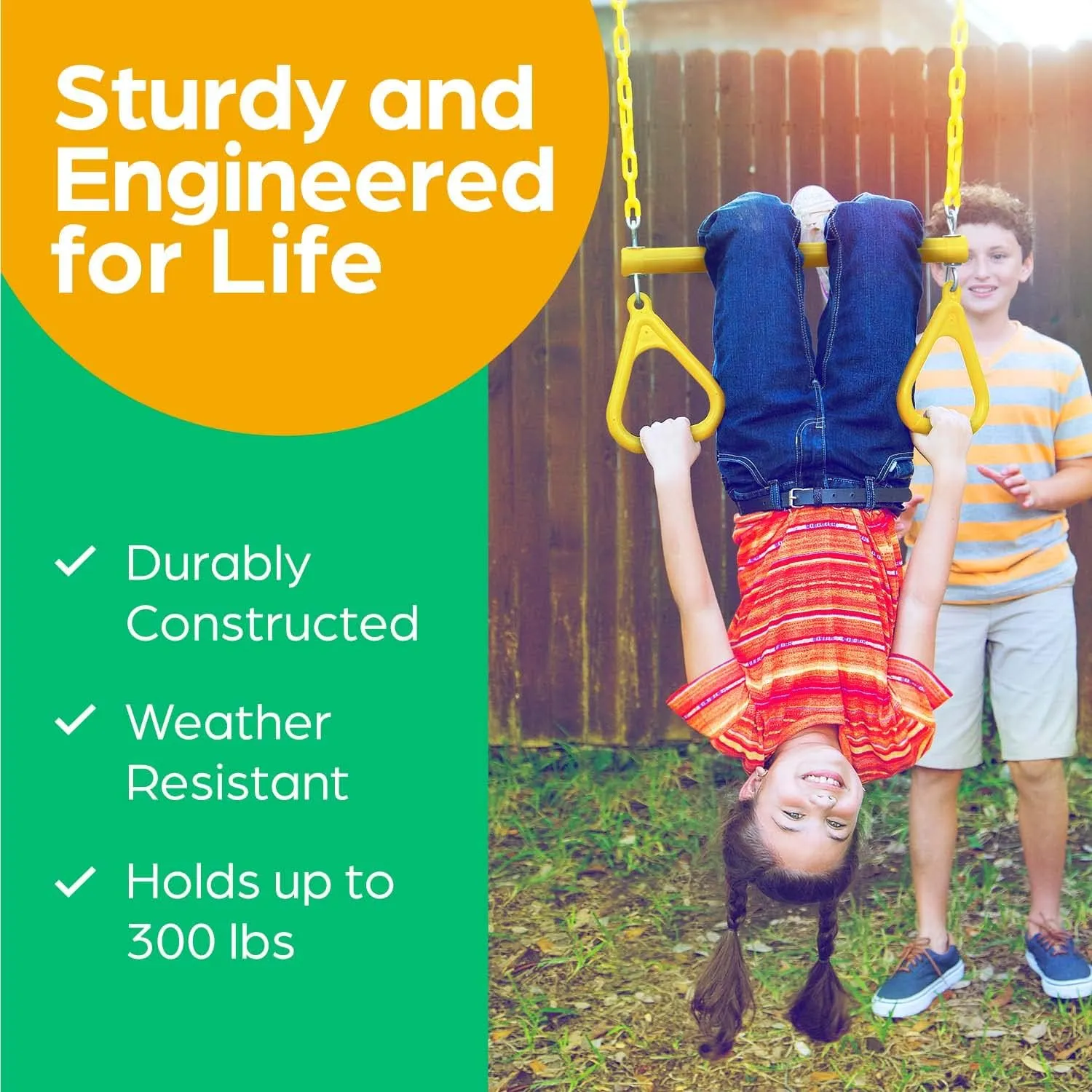 Jungle Gym Kingdom Swing Sets for Backyard, Monkey Bars & Swingset Accessories - Set Includes 18" Trapeze Swing Bar & 48" Heavy Duty Chain with Locking Carabiners - Outdoor Play Equipment (Yellow)