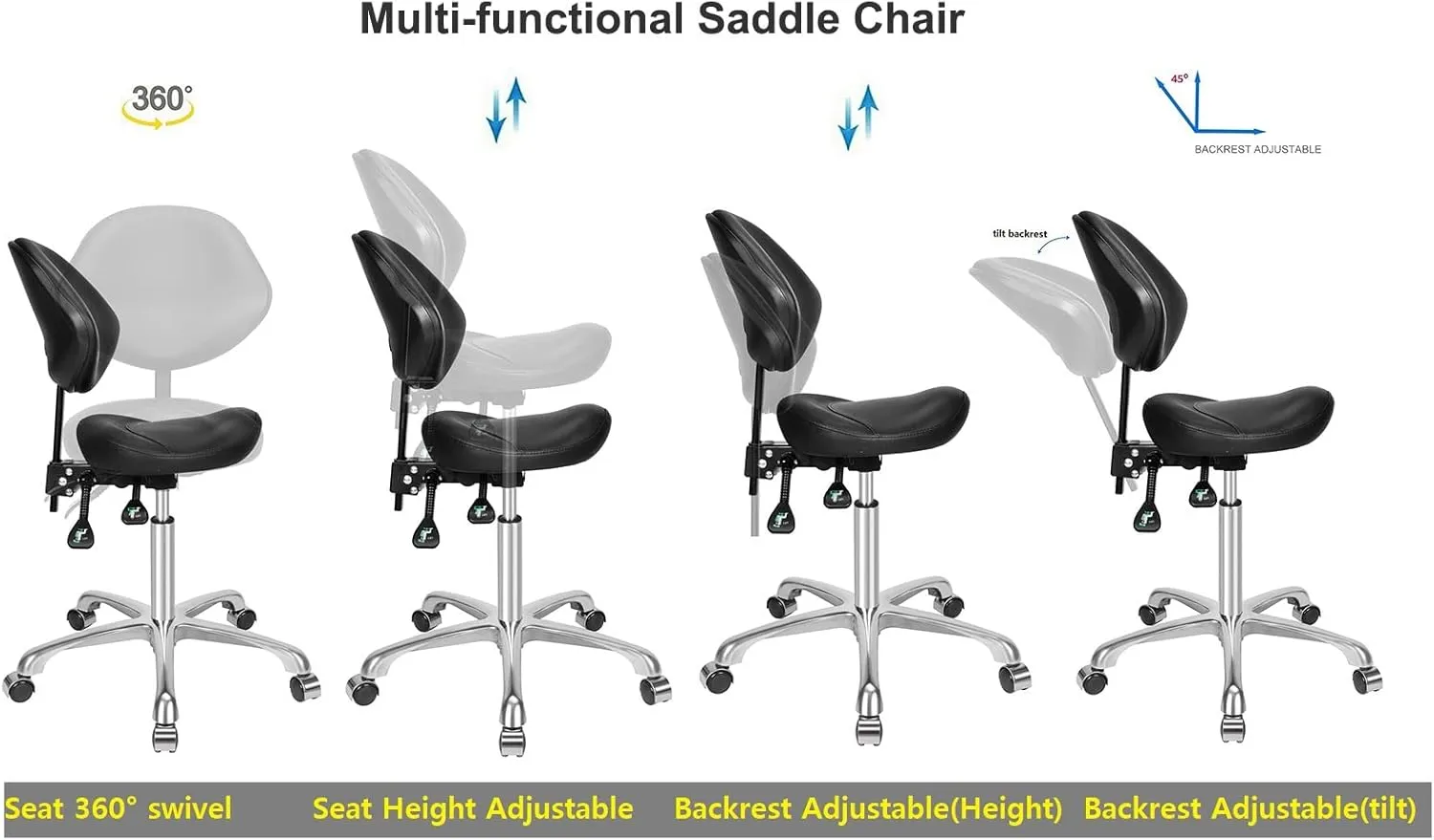 Kaleurrier Ergonomic Rolling Swivel Saddle Stool with Wheels - Hydraulic Lifting Height Adjustable Saddle Chairs for Clinic Hair Salon Lab Office Drafting Chairs (Black, with Back)