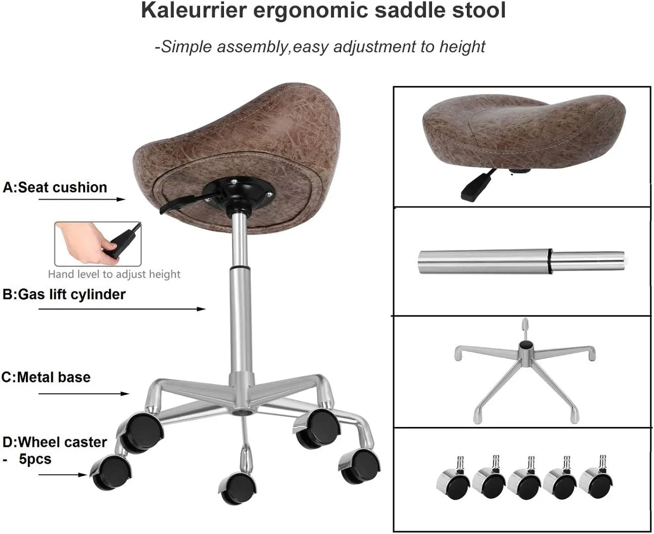 Kaleurrier Ergonomic Rolling Swivel Saddle Stool with Wheels,Hydraulic Pneumatic Lifting Lightweight Saddle Chair for Clinic Salon Massage Lab Kitchen Home Office (Nubuck, Without Back)