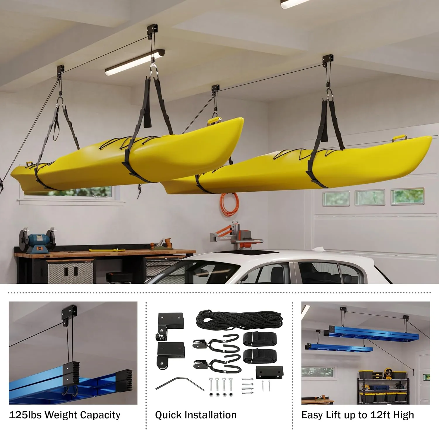 Kayak Storage Hoist - Overhead Pulley System with 125lb Capacity for Canoes, Bikes, Ladders, and More - for up to 12-Foot Ceilings