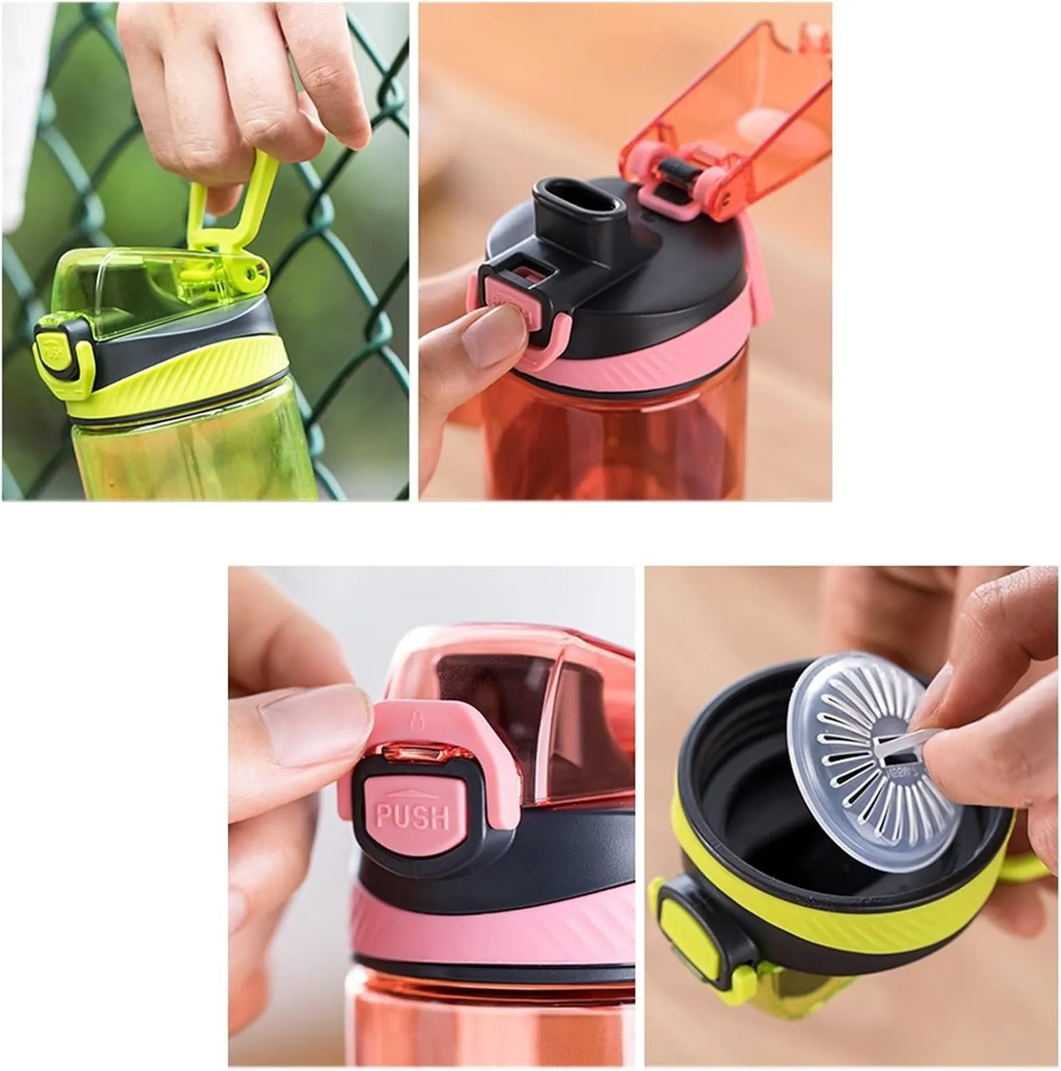 kettles Pink Green Sports Water Bottle with Built-in Handle,Plastic Tea Cups with Removable Filter,Fast Flow,Portable,Leak proof canteen(B,Large)