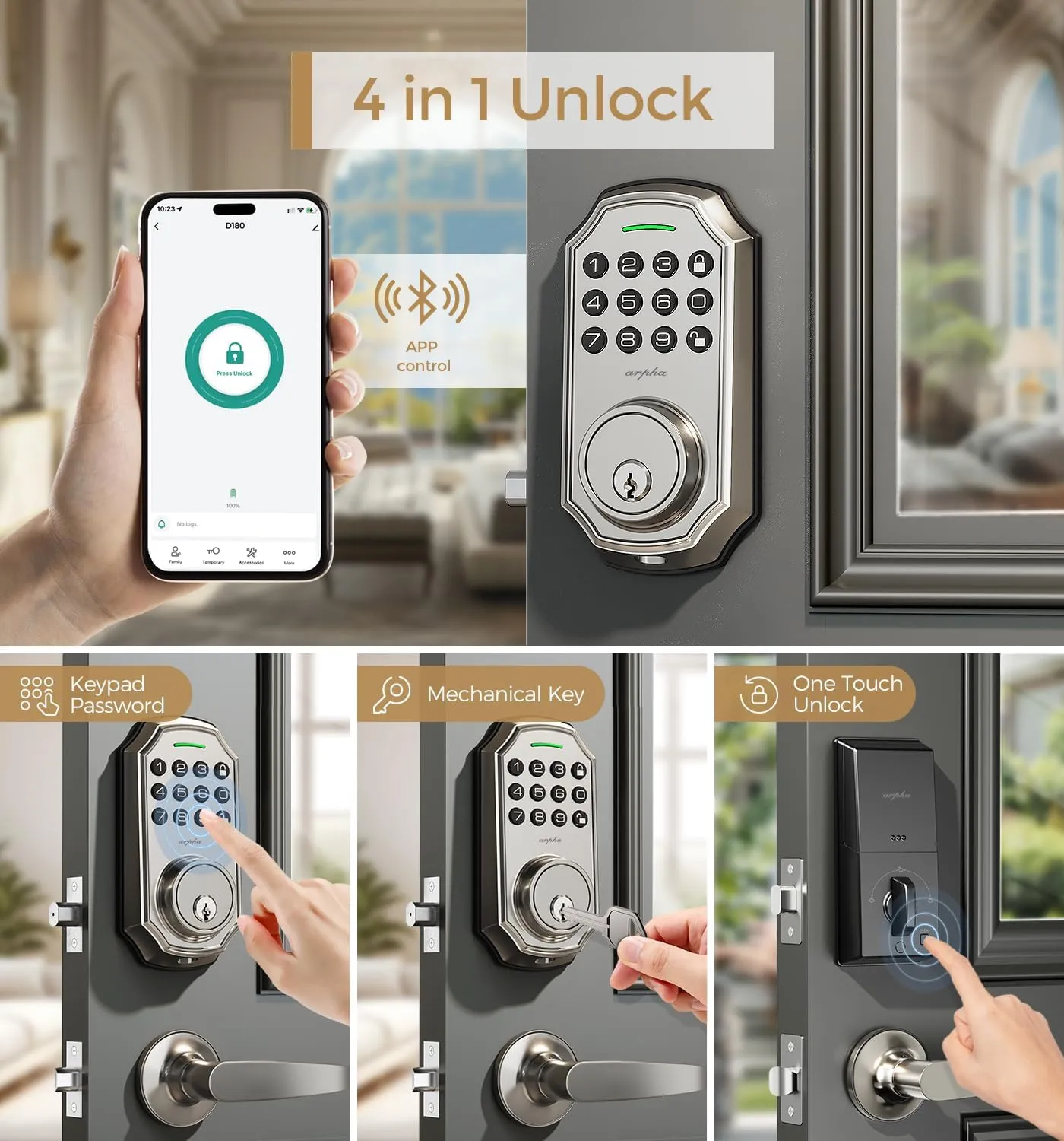Keyless Entry Door Lock with 2 Handle Set - 100 Code Keypad Door Lock - App Control Electronic Keypad Door Lock with Handle - Front Door Lock Set - One Time Code - Auto Lock Easy Installation