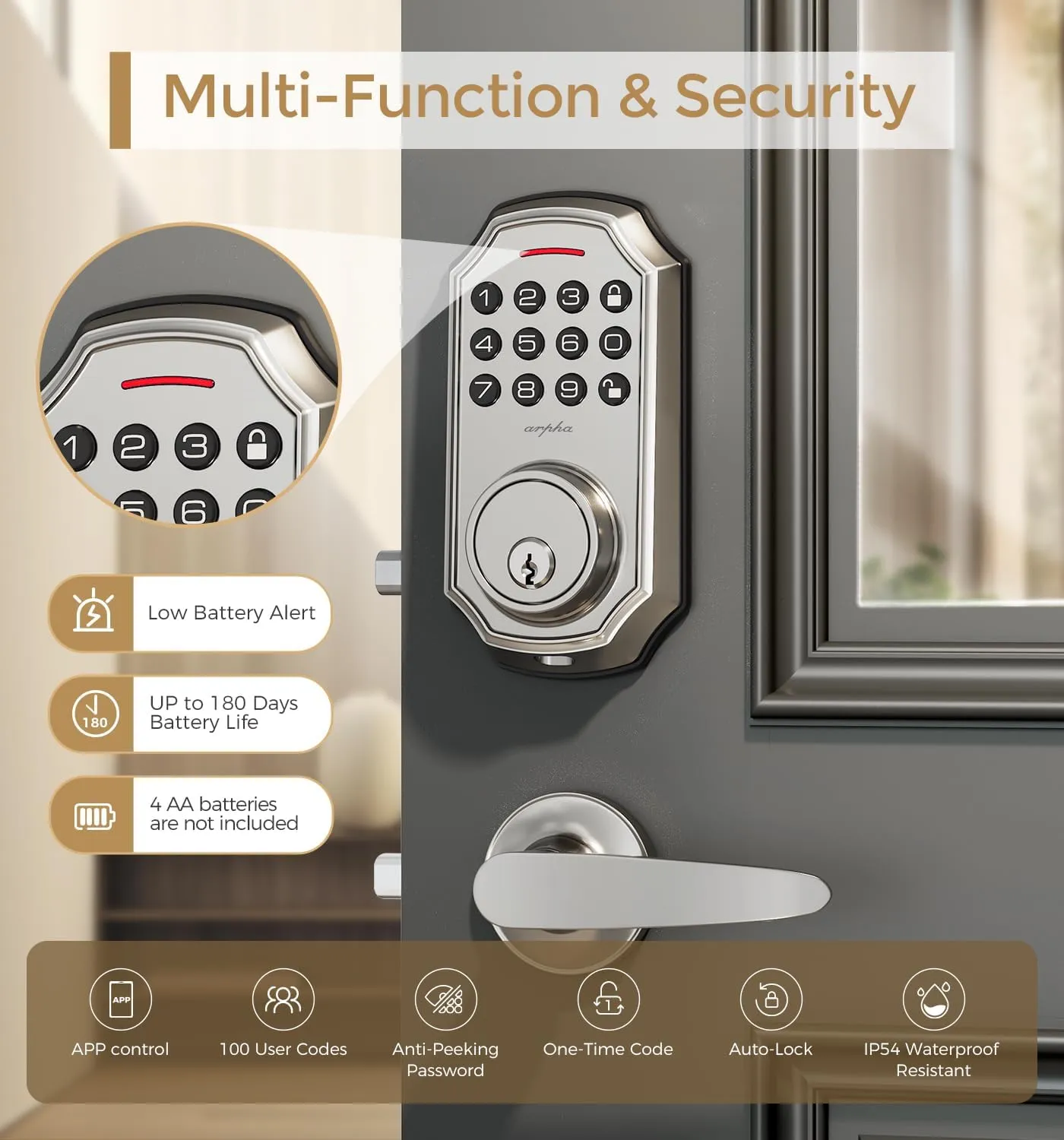 Keyless Entry Door Lock with 2 Handle Set - 100 Code Keypad Door Lock - App Control Electronic Keypad Door Lock with Handle - Front Door Lock Set - One Time Code - Auto Lock Easy Installation