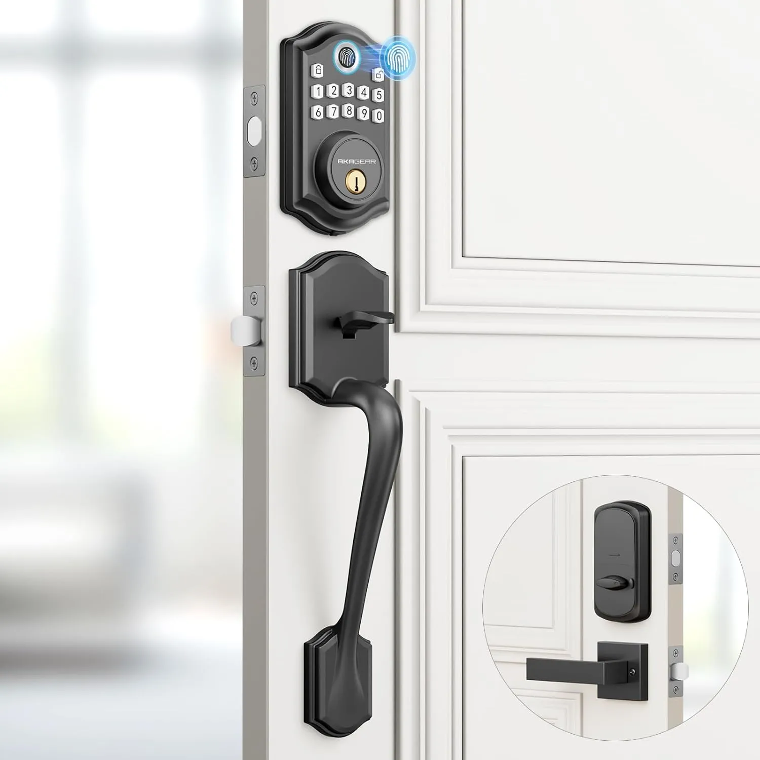 Keyless Entry Door Lock with Handle Set - Fingerprint DeadBolt, Electronic Keypad Deadbolt, Smart Locks for Front Door, Auto-Lock & One Touch Locking, Easy Installation - Matte Black