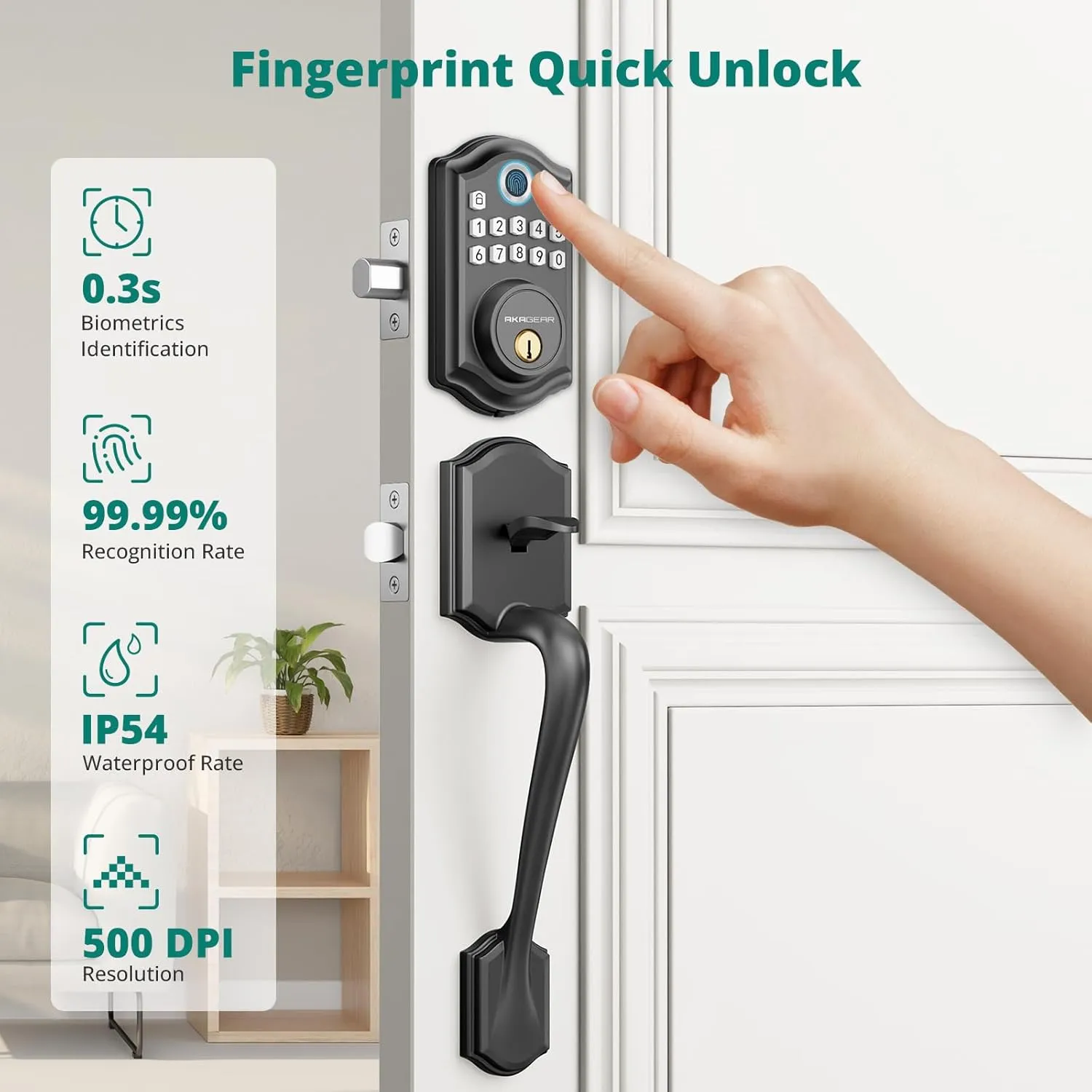 Keyless Entry Door Lock with Handle Set - Fingerprint DeadBolt, Electronic Keypad Deadbolt, Smart Locks for Front Door, Auto-Lock & One Touch Locking, Easy Installation - Matte Black