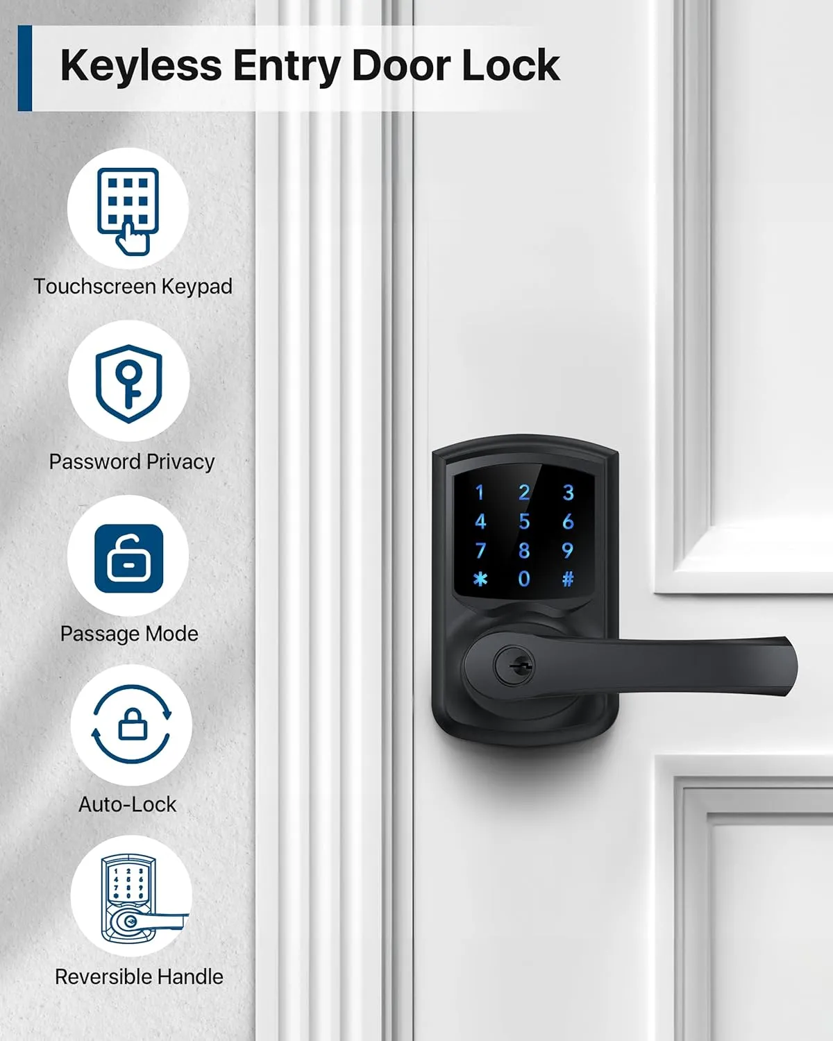Keyless Entry Door Lock with Keypad and Handle for Front Doors, Touchscreen, Anti-peep Password, Auto-Locking, Matte Black 4 Pack