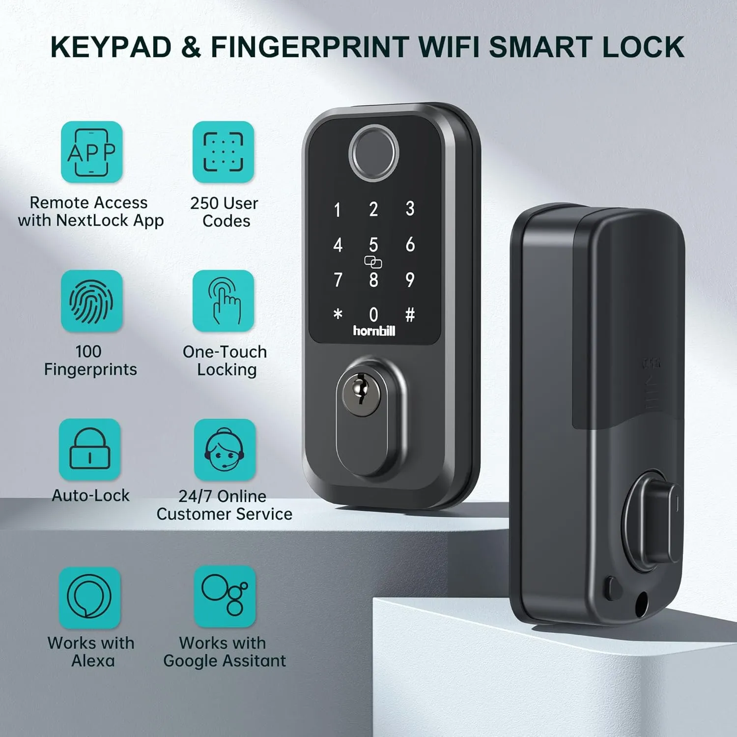 Keyless Entry Wi-Fi Smart Lock: Hornbill Fingerprint Lock for Exterior Doors, Biometric Smart Deadbolt Locks for Front Door, Keypad Deadbolt with Auto-Lock for Rentals Home, Matte Black