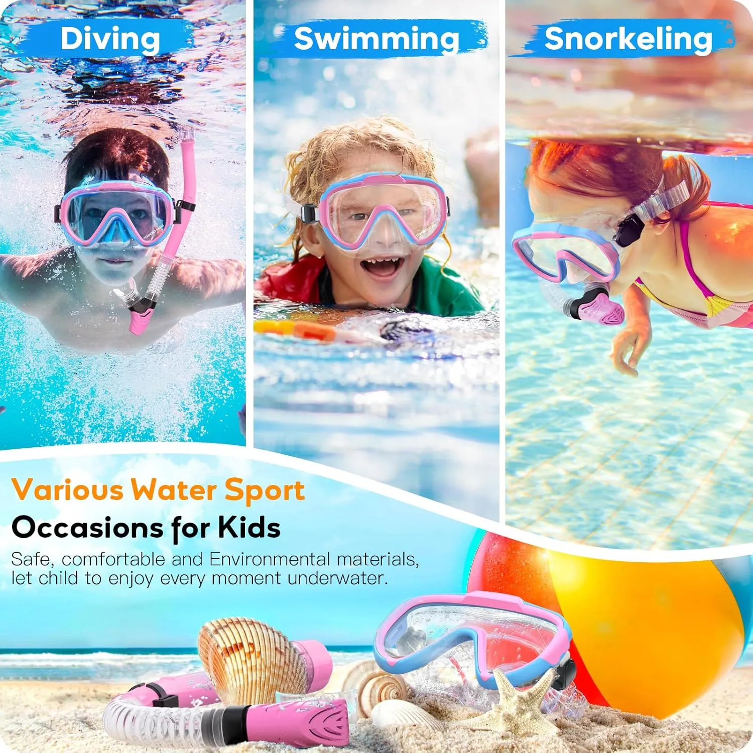 Kids Snorkel Set, Anti-Fog Panoramic Tempered Glass Kids Snorkel mask, Anti-Leak Scuba Diving Mask with Mesh Bag, Dry Top Snorkeling Gear for Kids and Youth Age 4-16