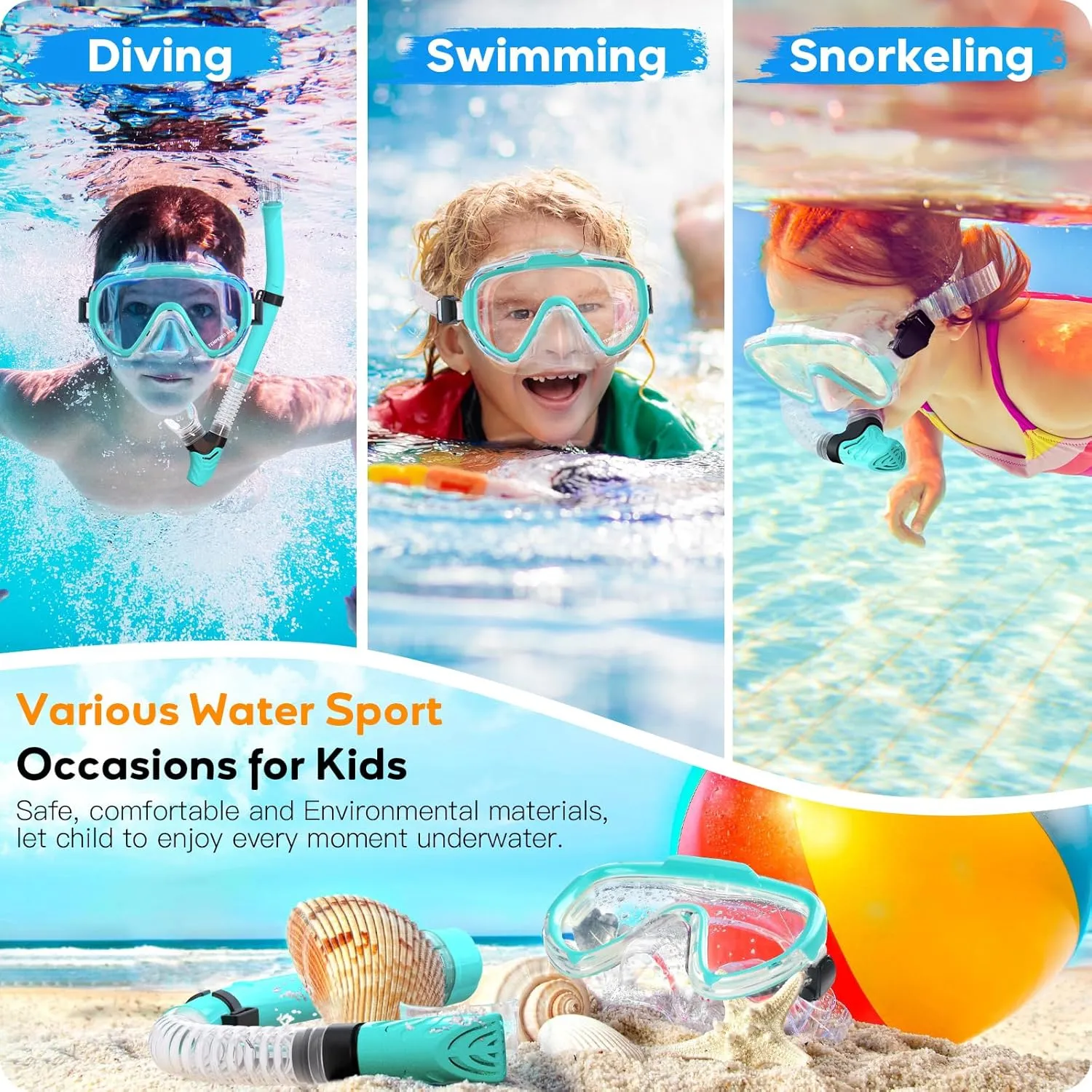 Kids Snorkel Set, Anti-Fog Panoramic Tempered Glass Kids Snorkel mask, Anti-Leak Scuba Diving Mask with Mesh Bag, Dry Top Snorkeling Gear for Kids and Youth Age 4-16