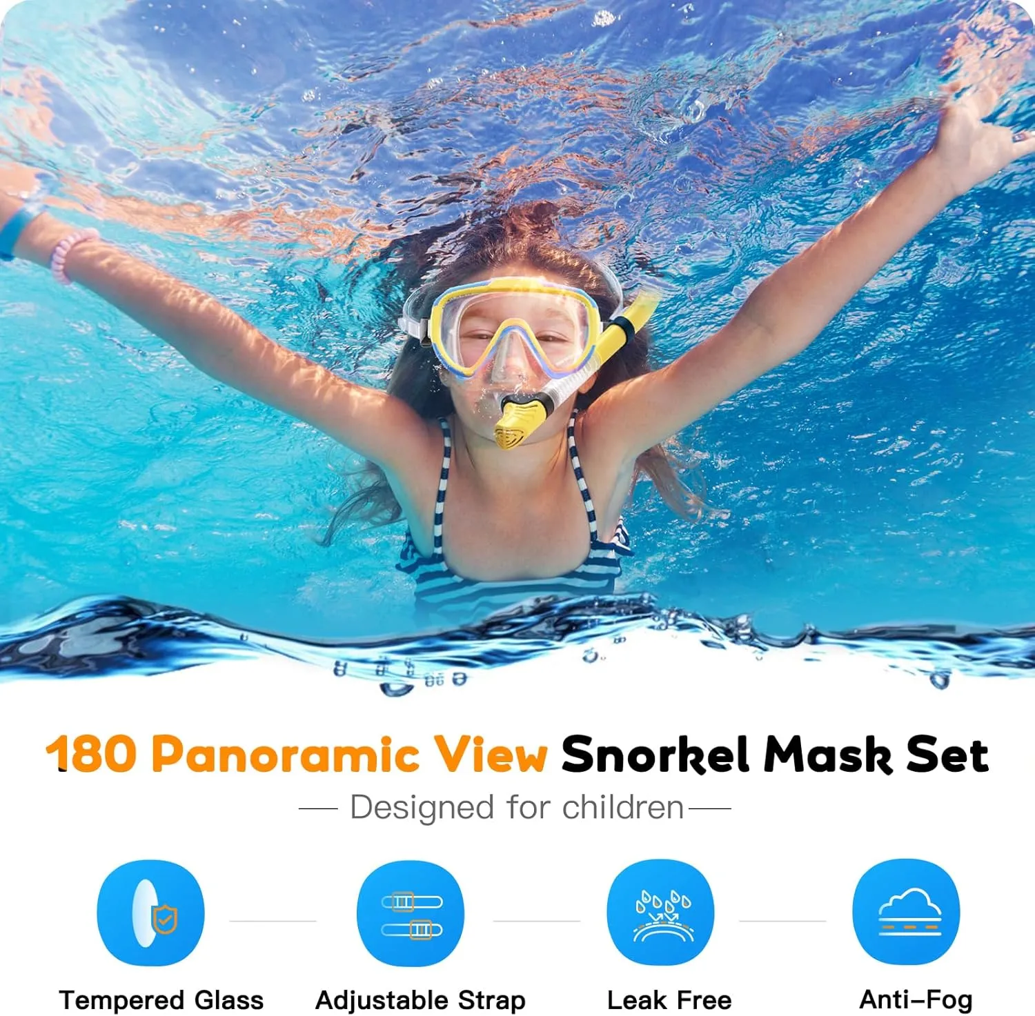Kids Snorkel Set, Anti-Fog Panoramic Tempered Glass Kids Snorkel mask, Anti-Leak Scuba Diving Mask with Mesh Bag, Dry Top Snorkeling Gear for Kids and Youth Age 4-16