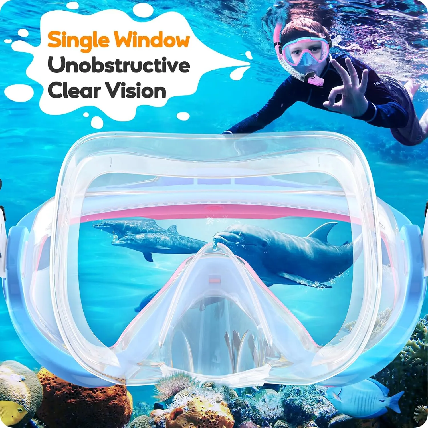 Kids Snorkel Set, Anti-Fog Panoramic Tempered Glass Kids Snorkel mask, Anti-Leak Scuba Diving Mask with Mesh Bag, Dry Top Snorkeling Gear for Kids and Youth Age 4-16