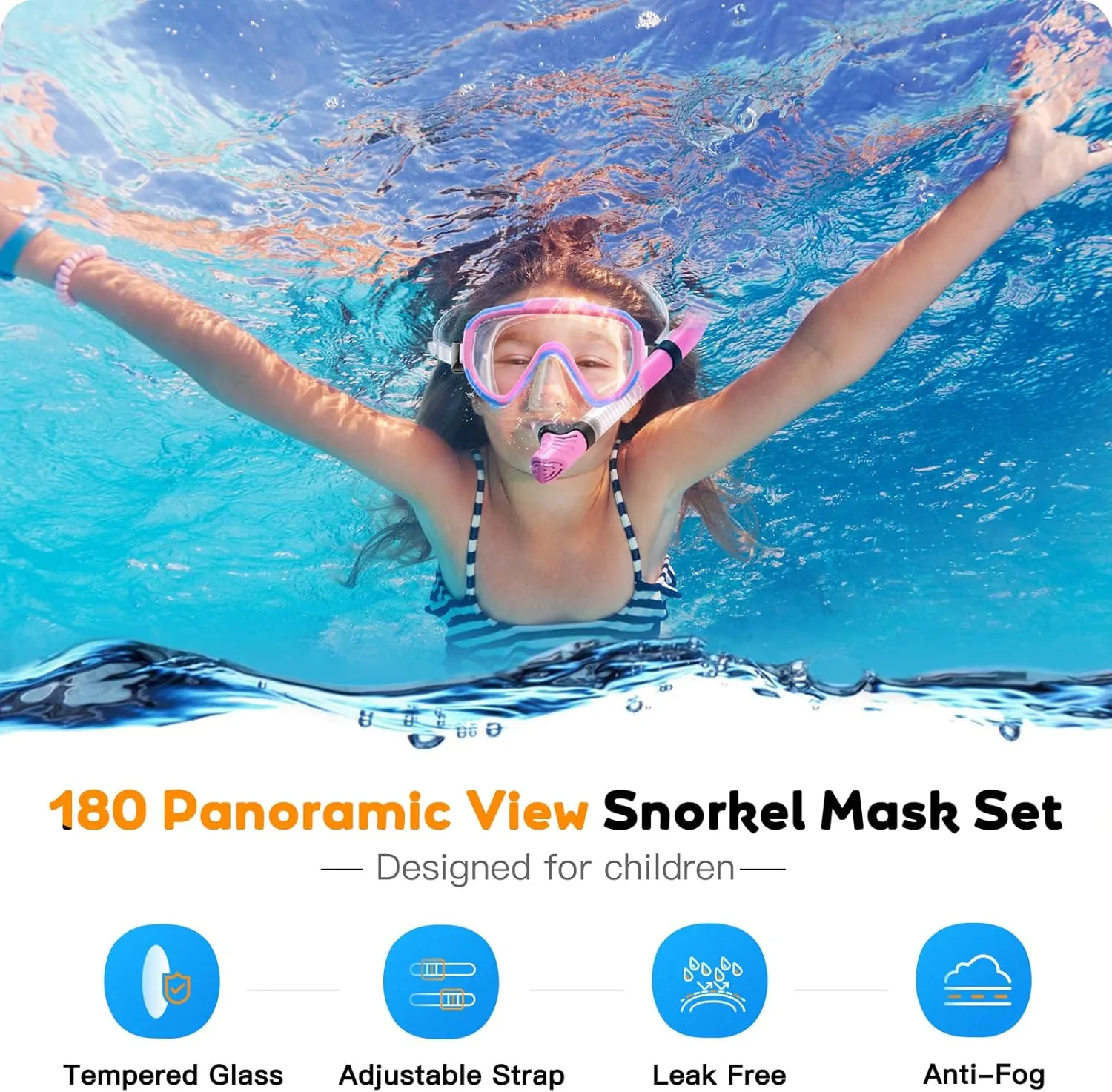 Kids Snorkel Set, Anti-Fog Panoramic Tempered Glass Kids Snorkel mask, Anti-Leak Scuba Diving Mask with Mesh Bag, Dry Top Snorkeling Gear for Kids and Youth Age 4-16