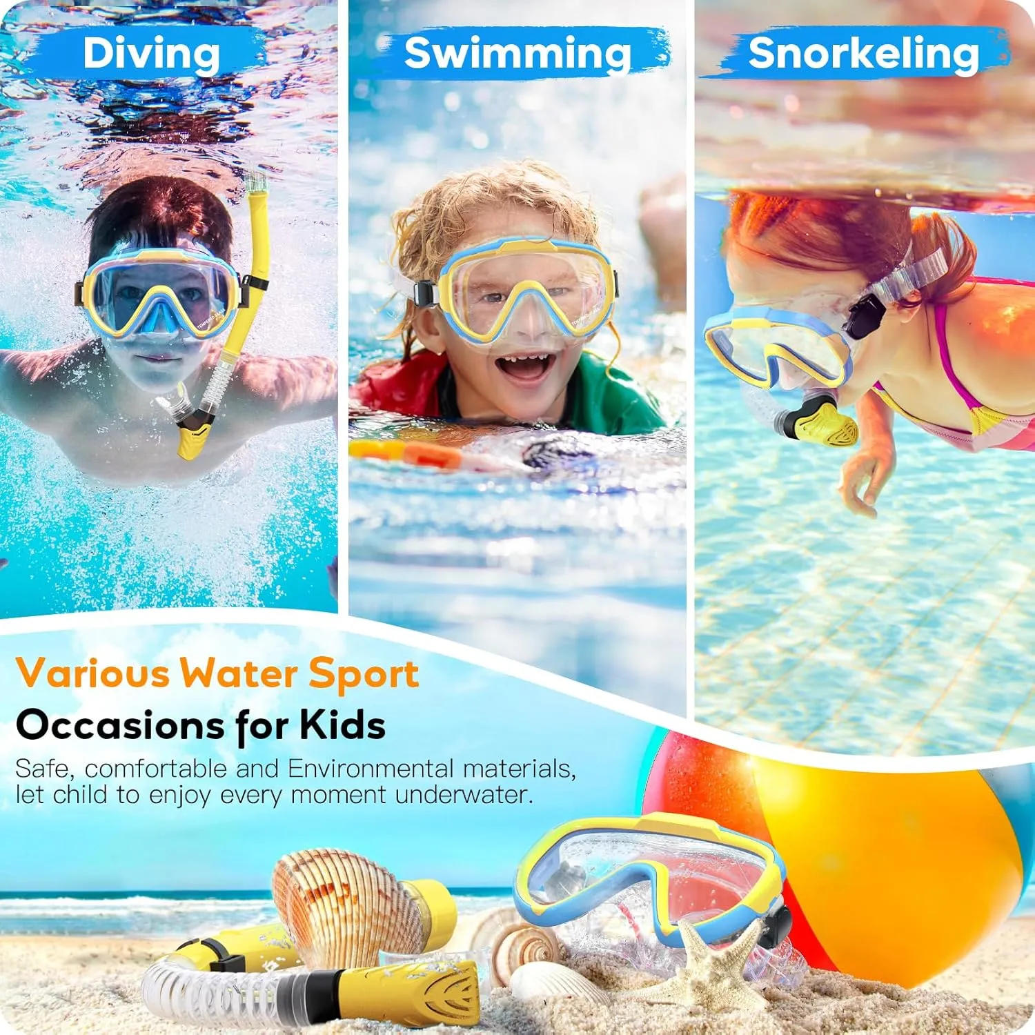 Kids Snorkel Set, Anti-Fog Panoramic Tempered Glass Kids Snorkel mask, Anti-Leak Scuba Diving Mask with Mesh Bag, Dry Top Snorkeling Gear for Kids and Youth Age 4-16