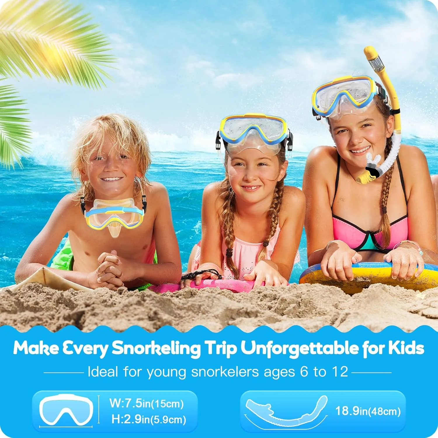 Kids Snorkel Set, Anti-Fog Panoramic Tempered Glass Kids Snorkel mask, Anti-Leak Scuba Diving Mask with Mesh Bag, Dry Top Snorkeling Gear for Kids and Youth Age 4-16