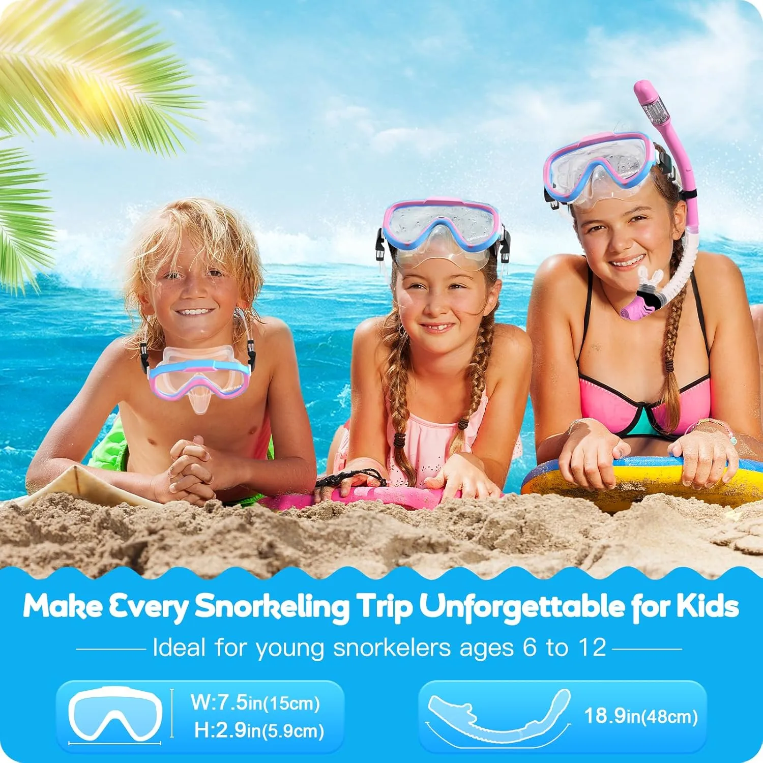 Kids Snorkel Set, Anti-Fog Panoramic Tempered Glass Kids Snorkel mask, Anti-Leak Scuba Diving Mask with Mesh Bag, Dry Top Snorkeling Gear for Kids and Youth Age 4-16