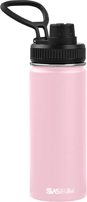 Kids Sport Water Bottle 16oz Stainless Steel Double Wall Vacuum Thermal Mug with Leak Proof Spout Lids, Wide Mouth Metal Insulated Water Jug for Gym and Travel（Pink）