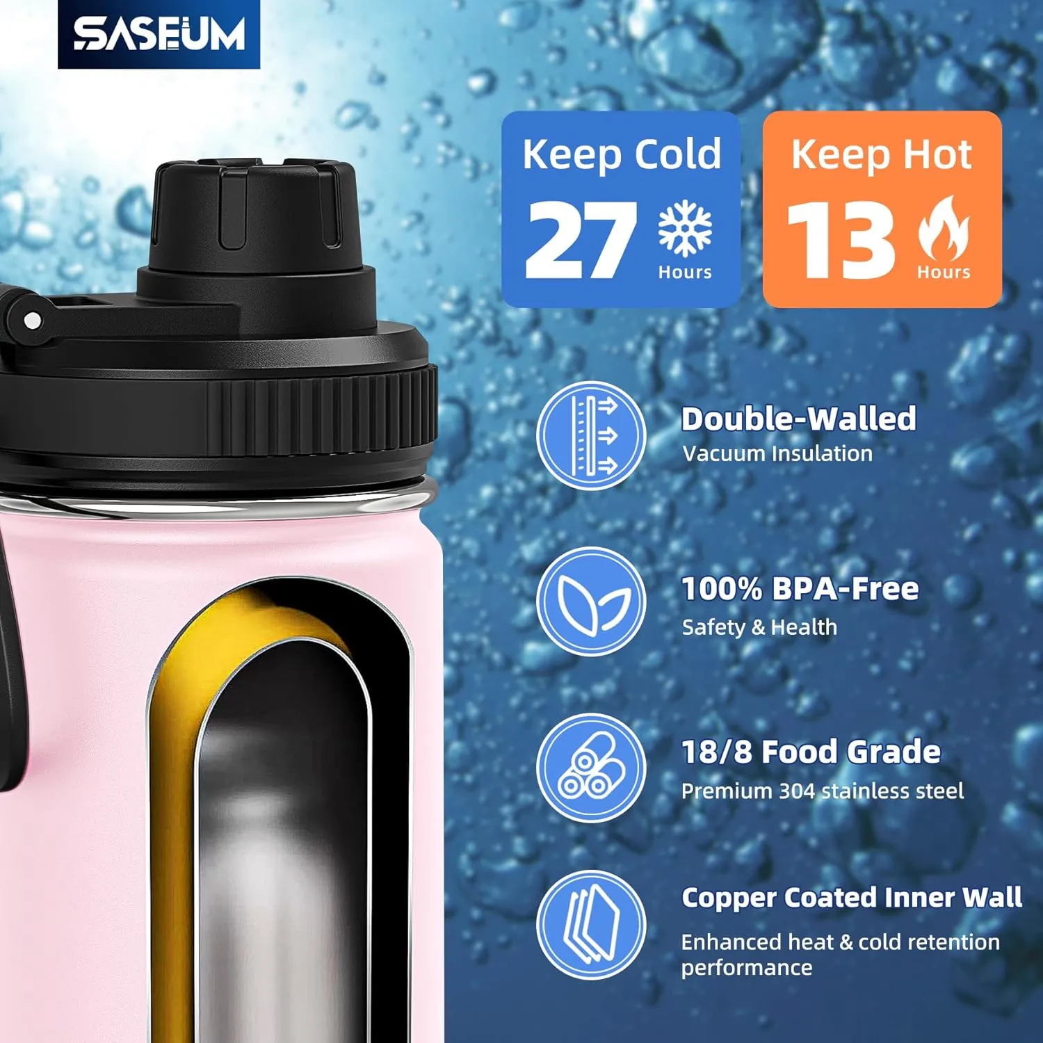 Kids Sport Water Bottle 16oz Stainless Steel Double Wall Vacuum Thermal Mug with Leak Proof Spout Lids, Wide Mouth Metal Insulated Water Jug for Gym and Travel（Pink）