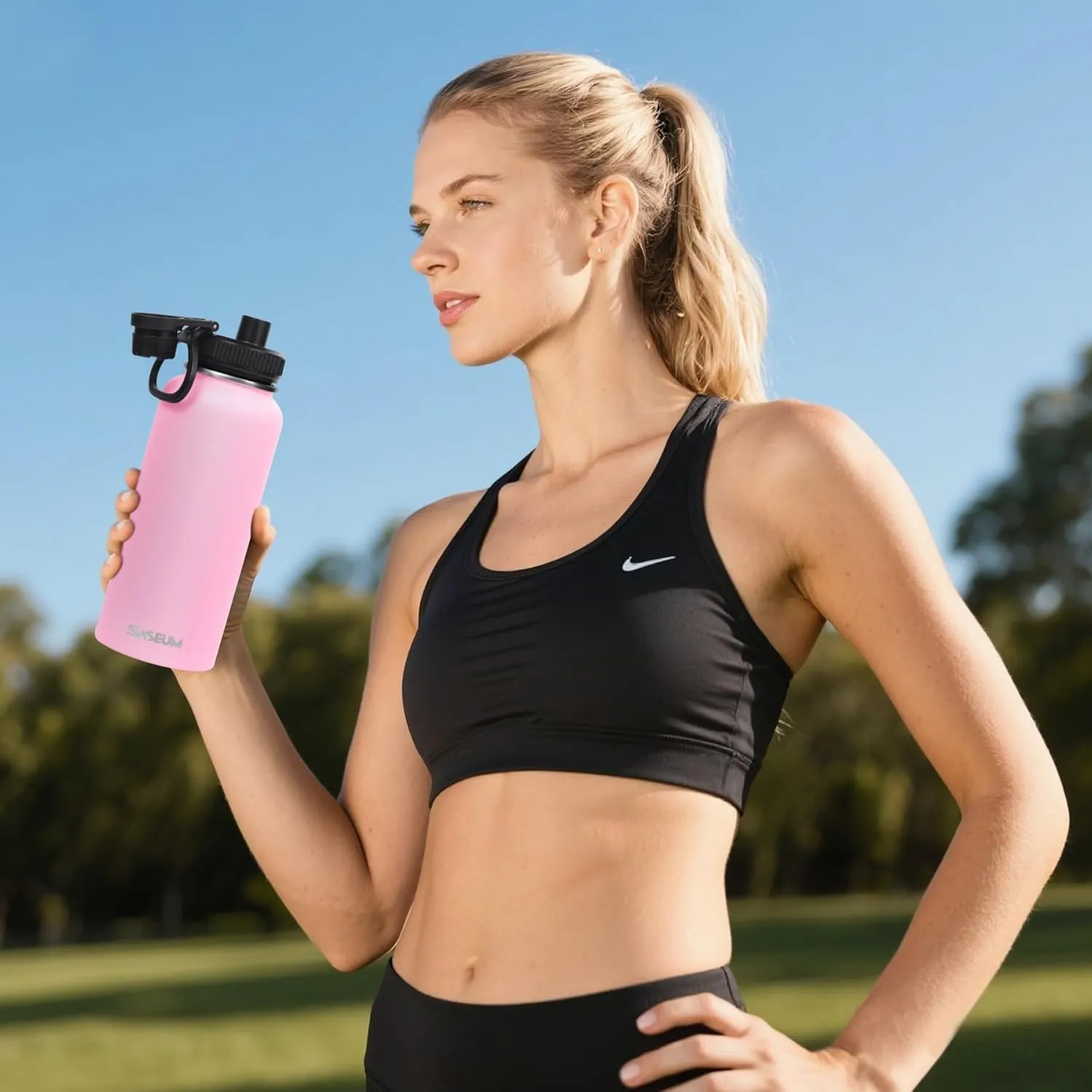 Kids Sport Water Bottle 16oz Stainless Steel Double Wall Vacuum Thermal Mug with Leak Proof Spout Lids, Wide Mouth Metal Insulated Water Jug for Gym and Travel（Pink）
