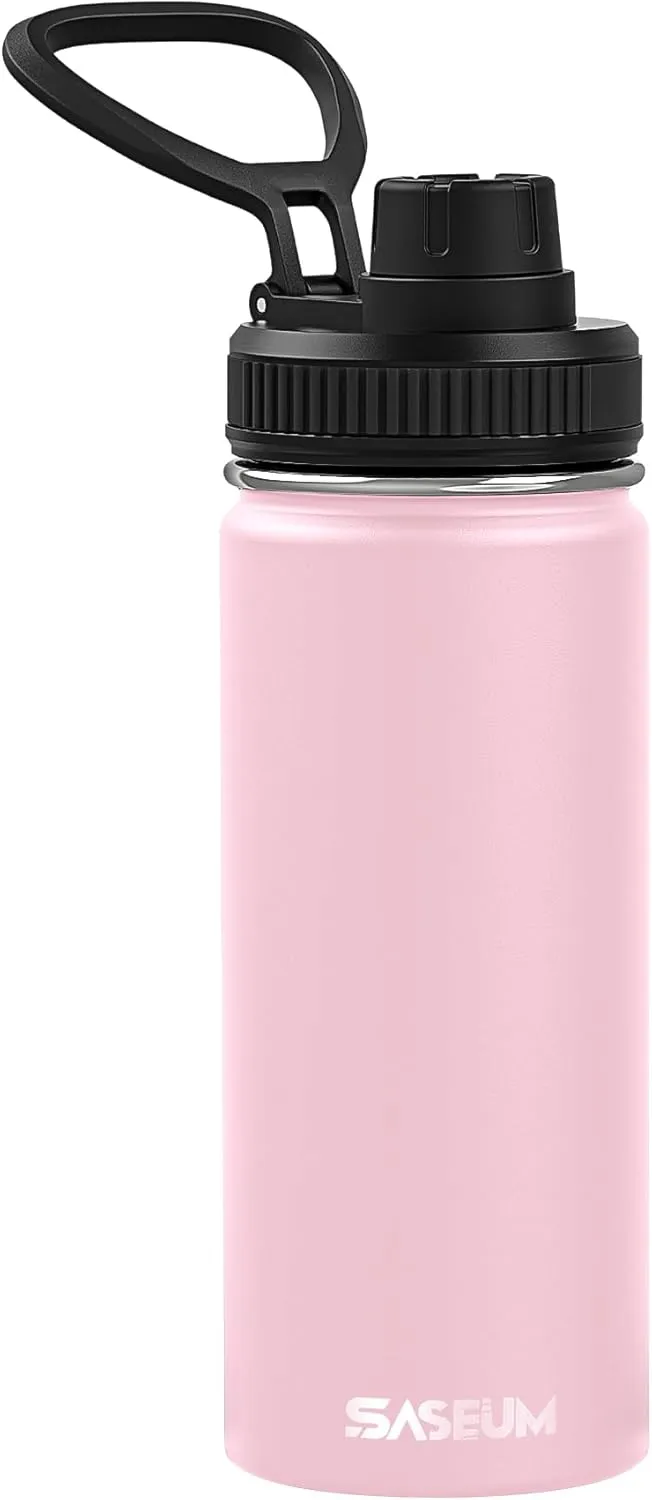 Kids Sport Water Bottle 16oz Stainless Steel Double Wall Vacuum Thermal Mug with Leak Proof Spout Lids, Wide Mouth Metal Insulated Water Jug for Gym and Travel（Pink）